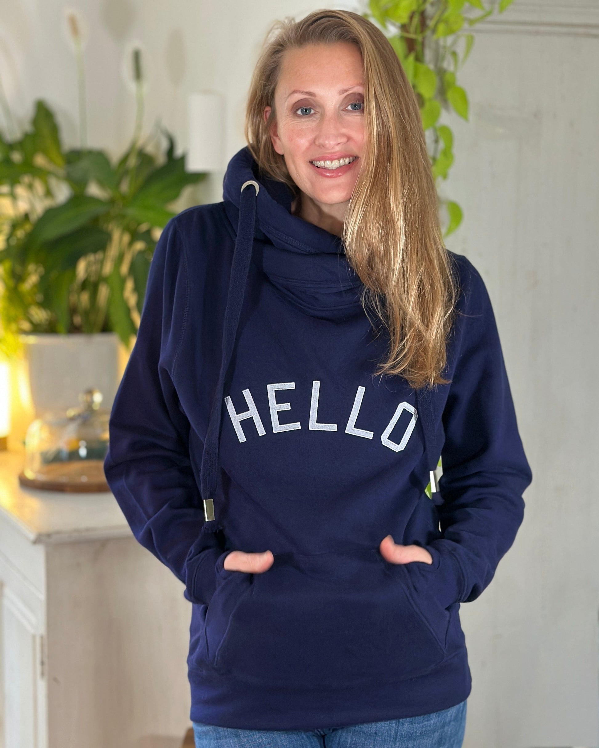 Clothing Luxury 'HELLO' Embellished Hoodie - Navy