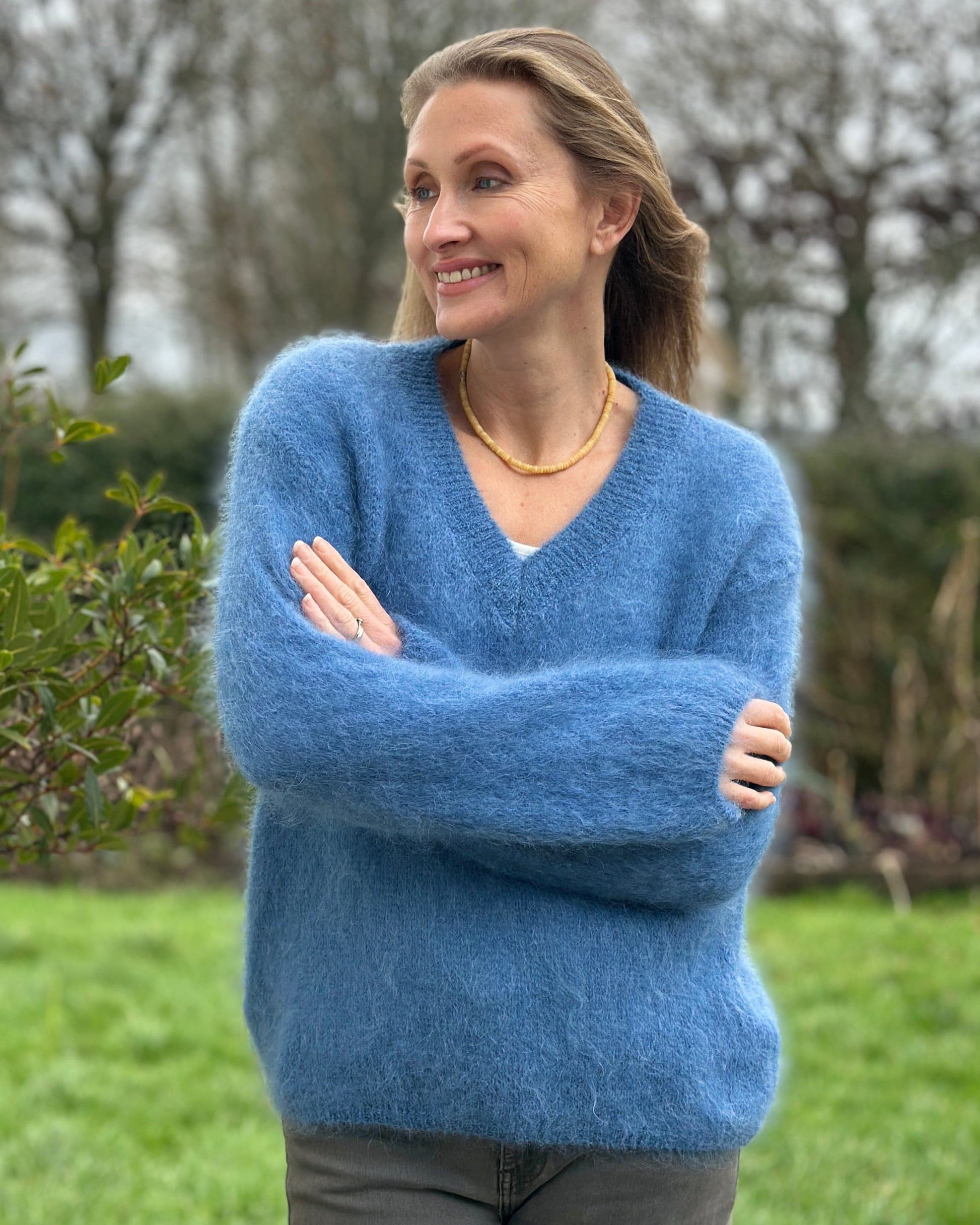Clothing Luxury Mohair V-Neck Jumper - Cornflower Blue