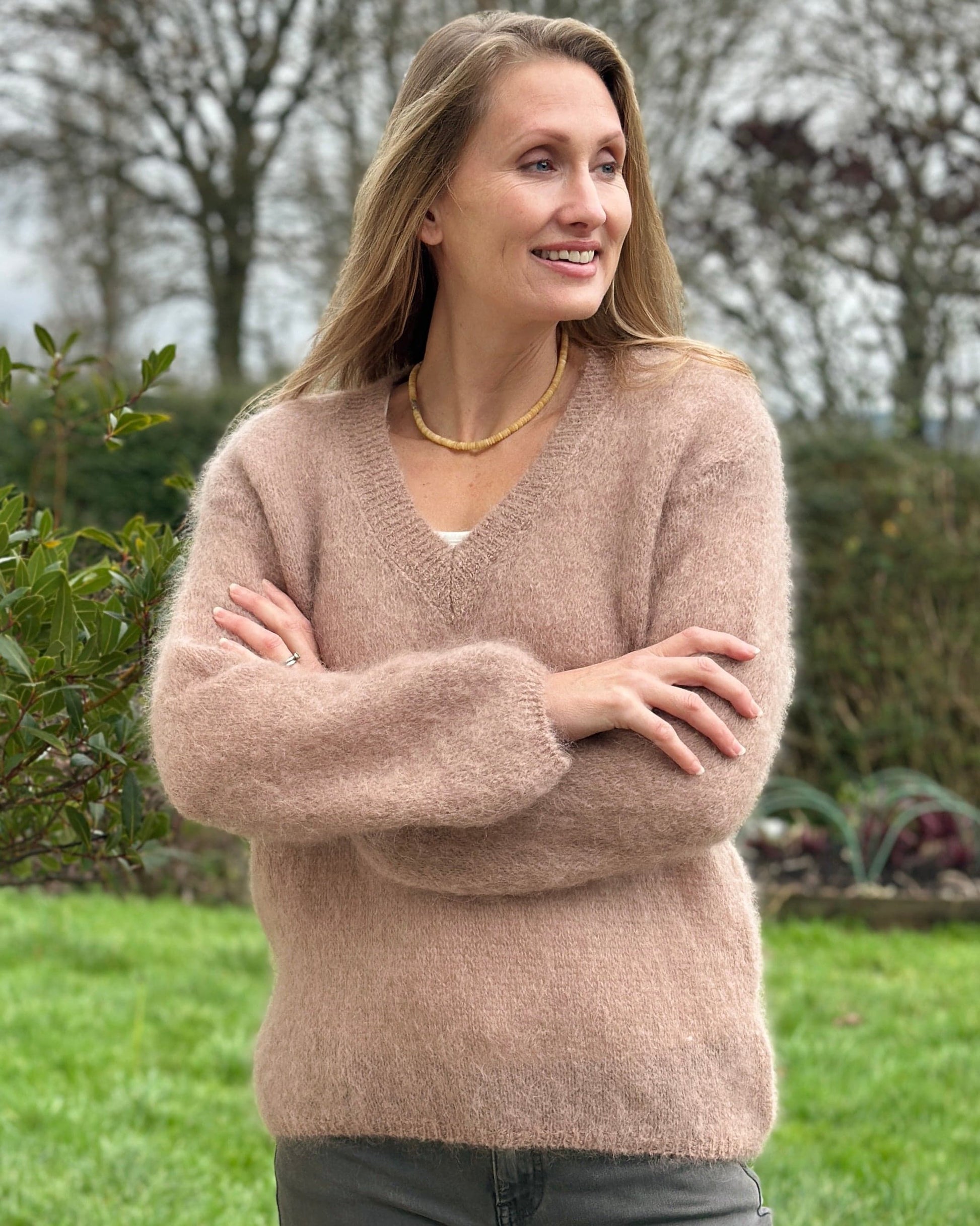 Clothing Luxury Mohair V-Neck Jumper - Dusky Pink/Truffle