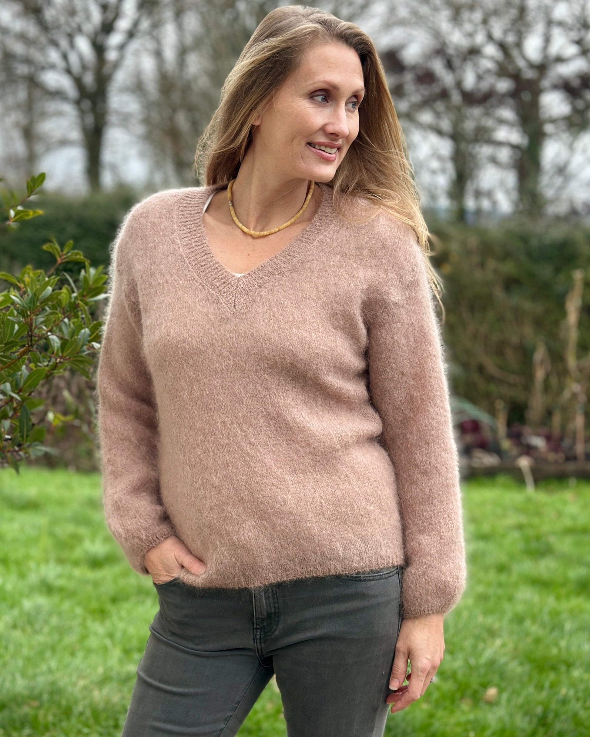 Clothing Luxury Mohair V-Neck Jumper - Dusky Pink/Truffle