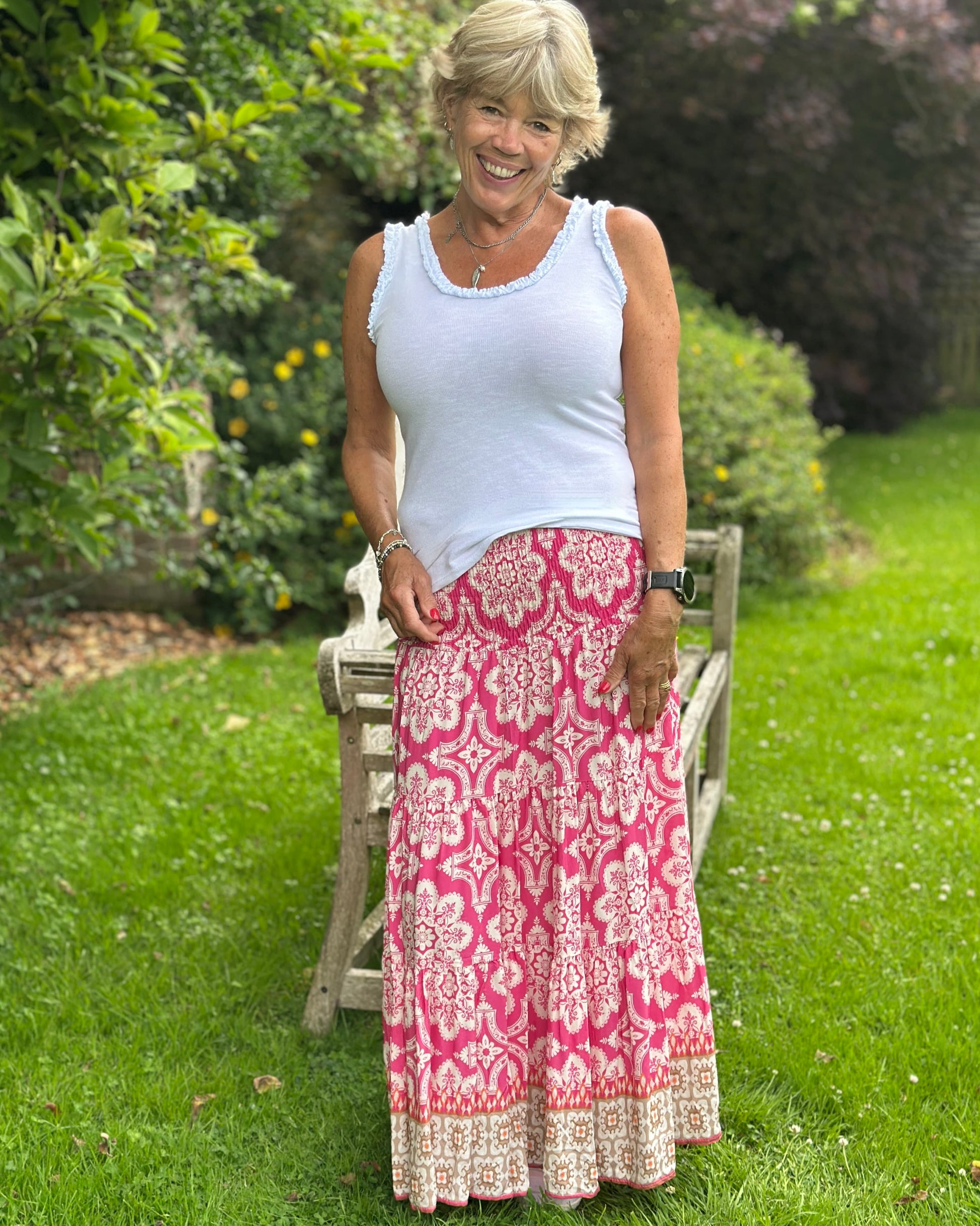 Clothing Patterned Tiered Skirt/Dress - Fuchsia/White