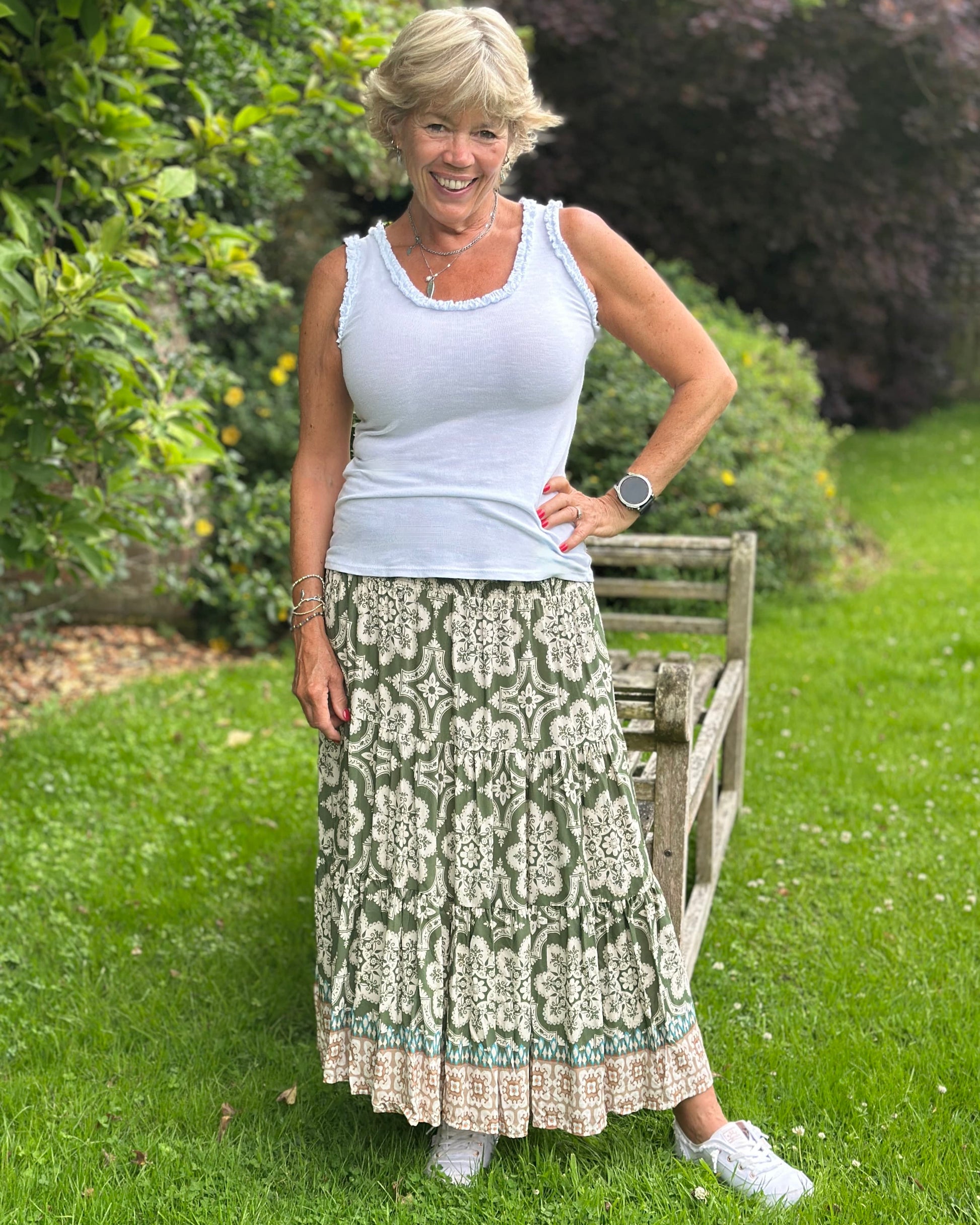 Clothing Patterned Tiered Skirt/Dress - Khaki/Cream