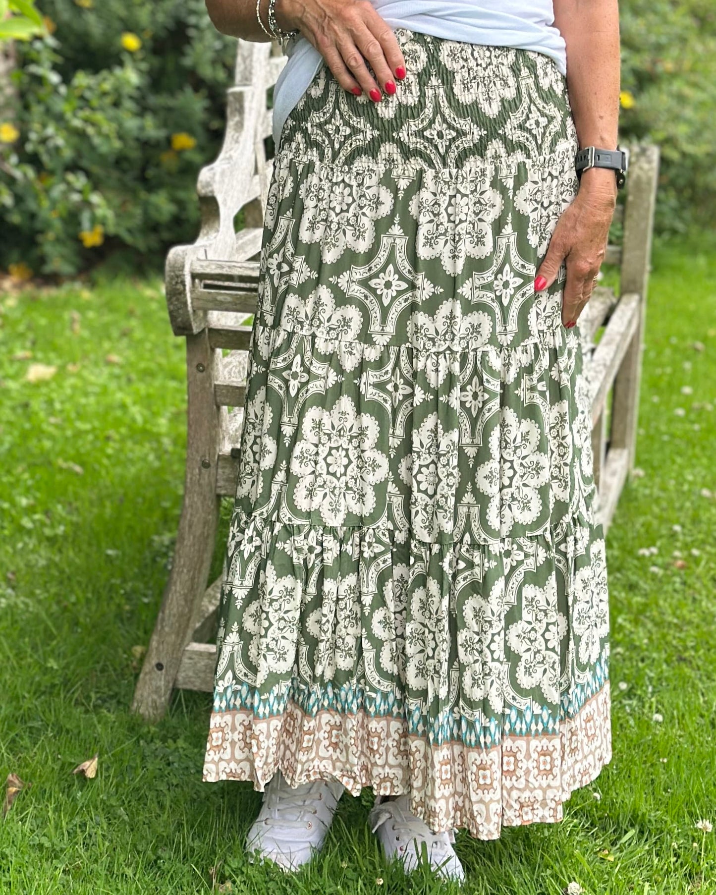 Clothing Patterned Tiered Skirt/Dress - Khaki/Cream
