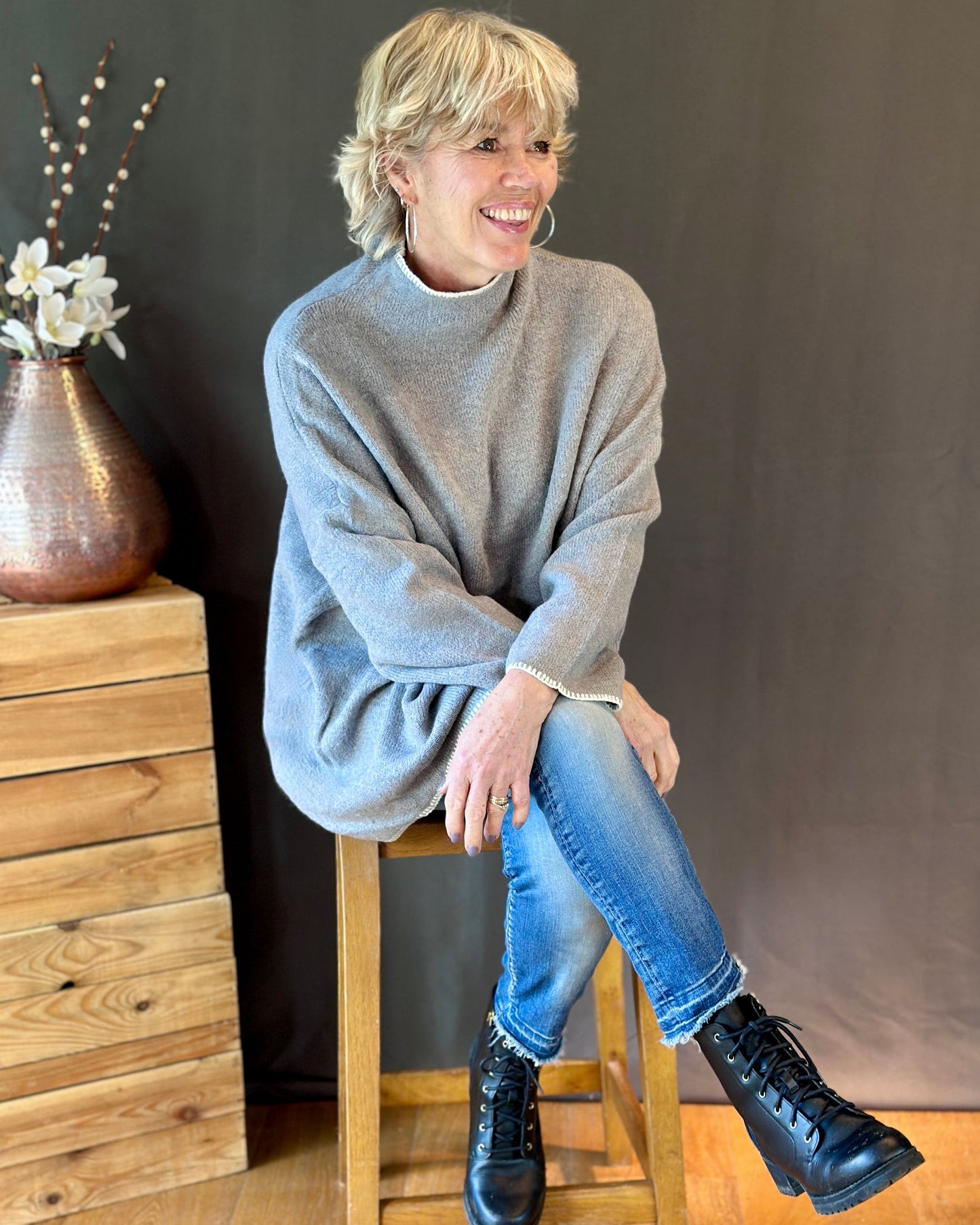 Clothing Piped Edge Slouchy Jumper - Grey