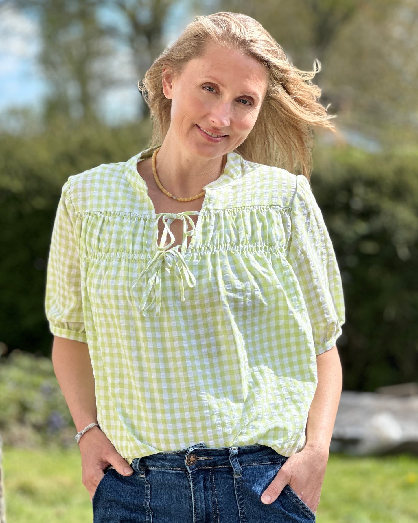 Clothing Pistachio Gingham Shirred Blouse