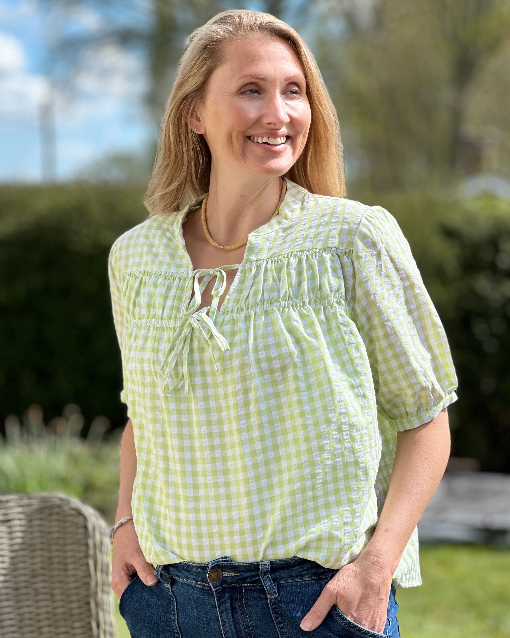 Clothing Pistachio Gingham Shirred Blouse