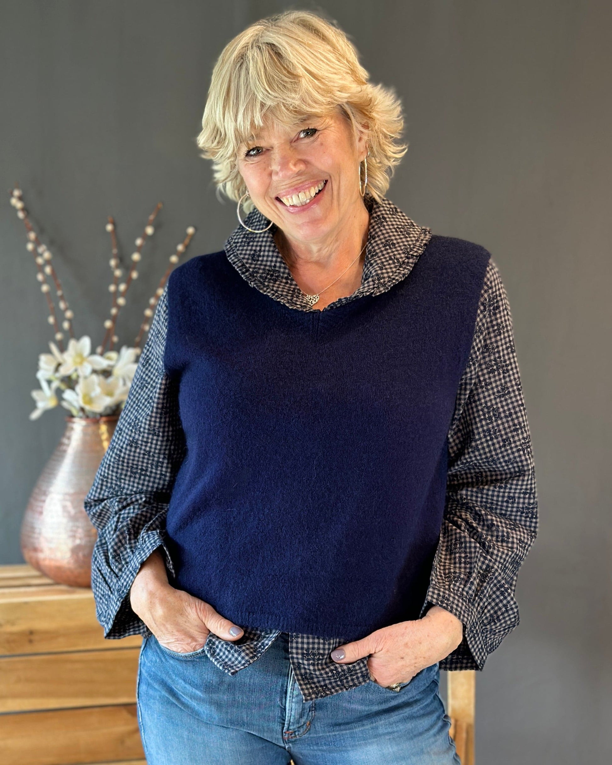 Clothing Retro Check Blouse - Navy