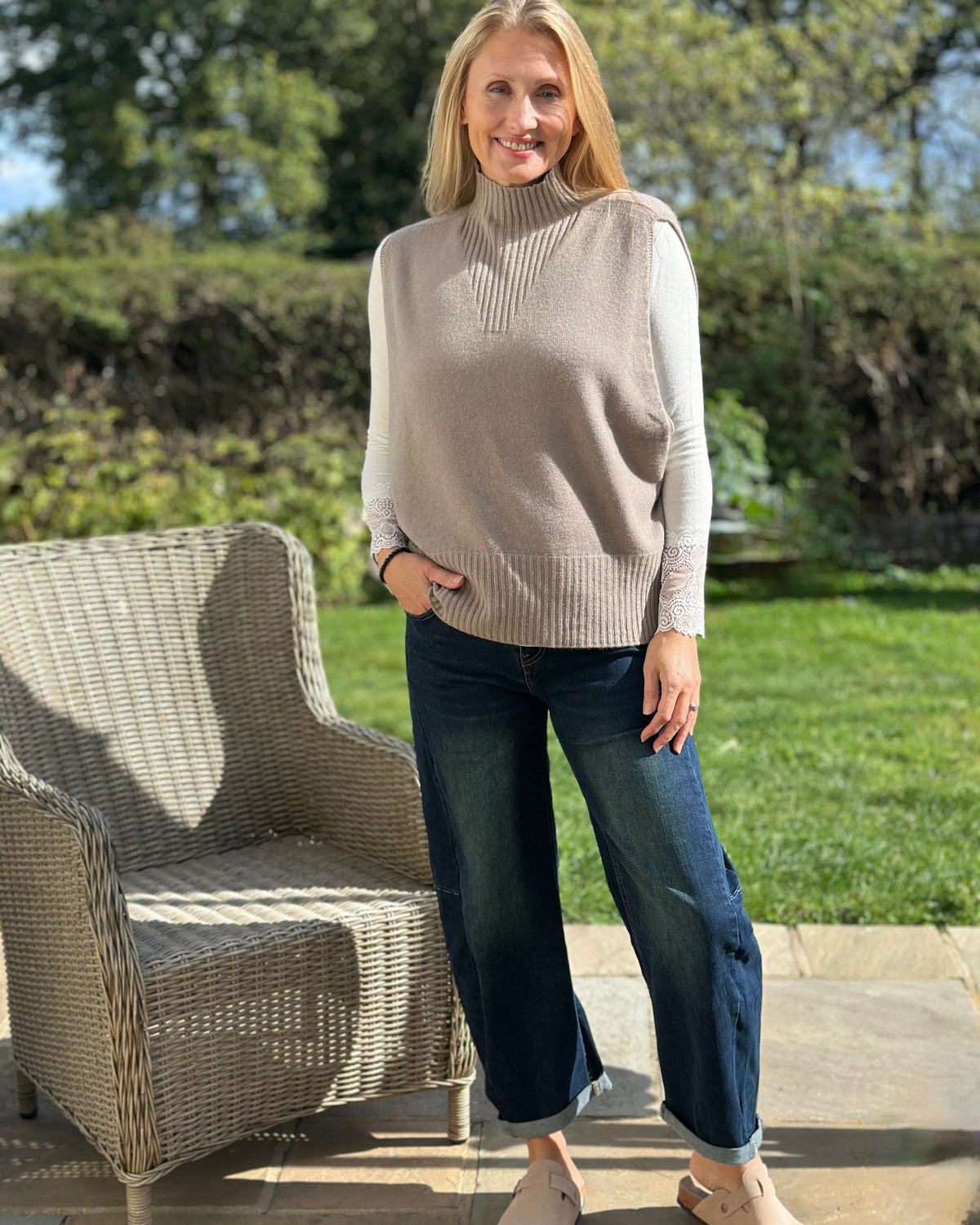 clothing Ribbed Neck Sleeveless Jumper - Taupe