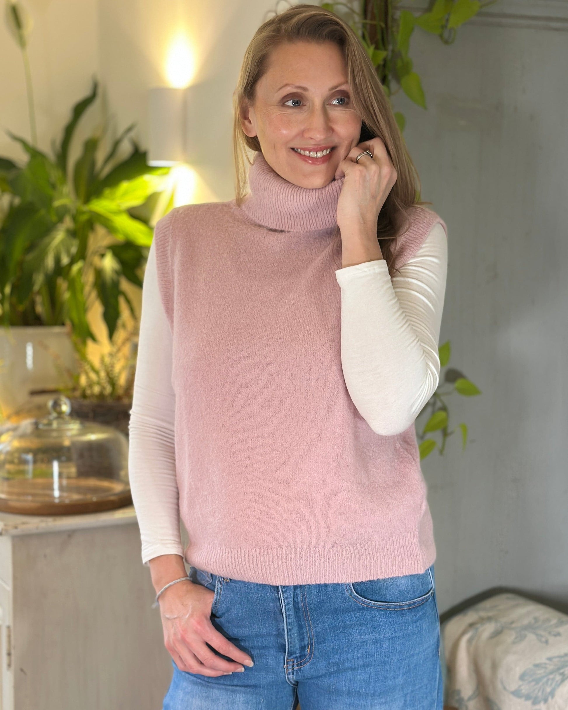 clothing Roll Neck Alpaca Tank Top - Pale Pink