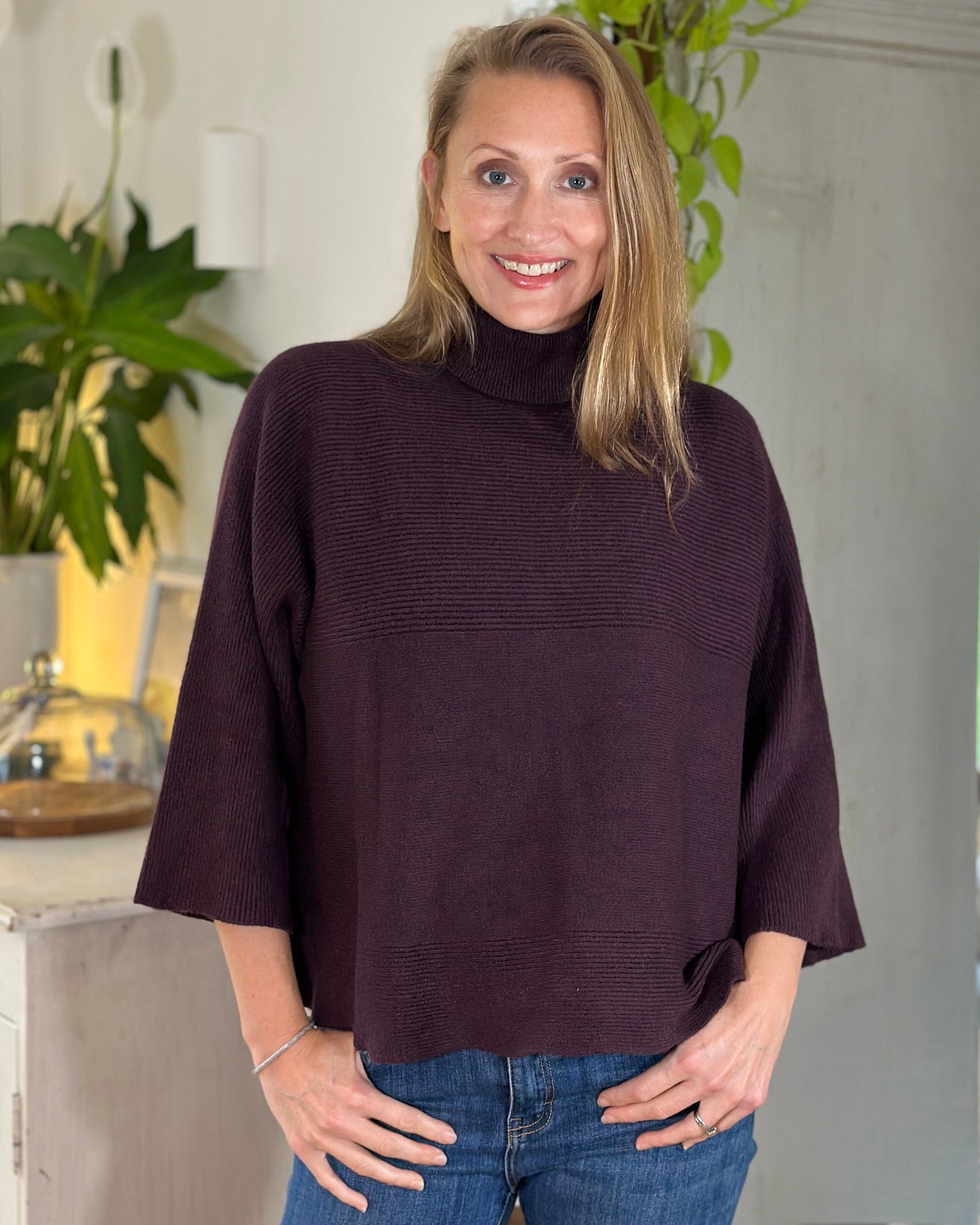 clothing Roll Neck Ribbed Jumper - Plum
