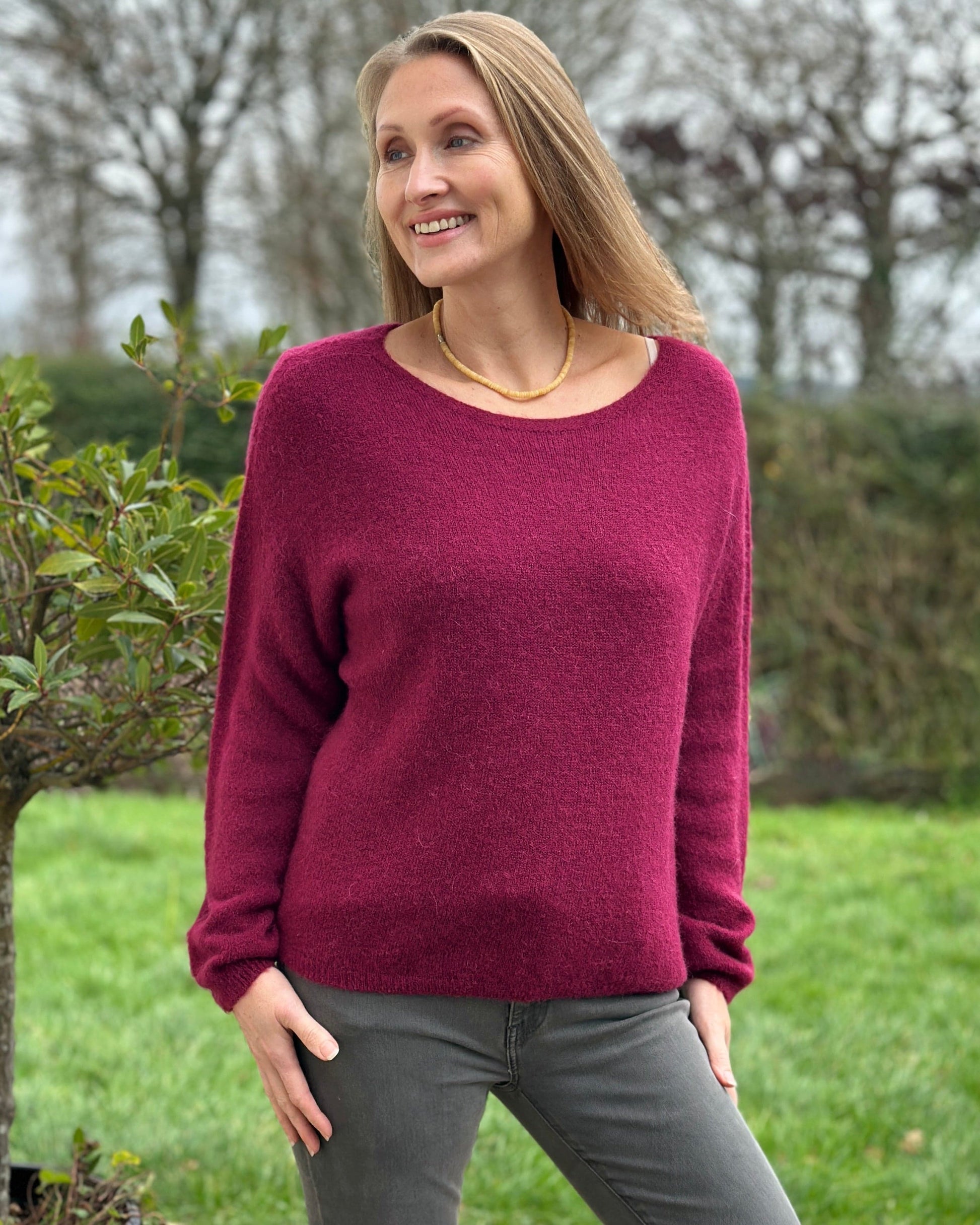 clothing Round Neck Long Sleeve Alpaca Jumper - Wine