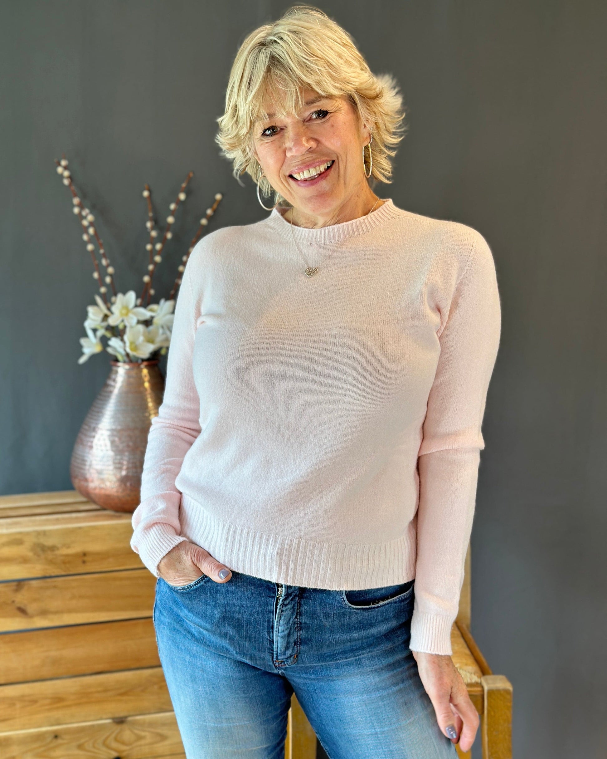 clothing Round Neck Long Sleeve Fitted Jumper - Pale Pink
