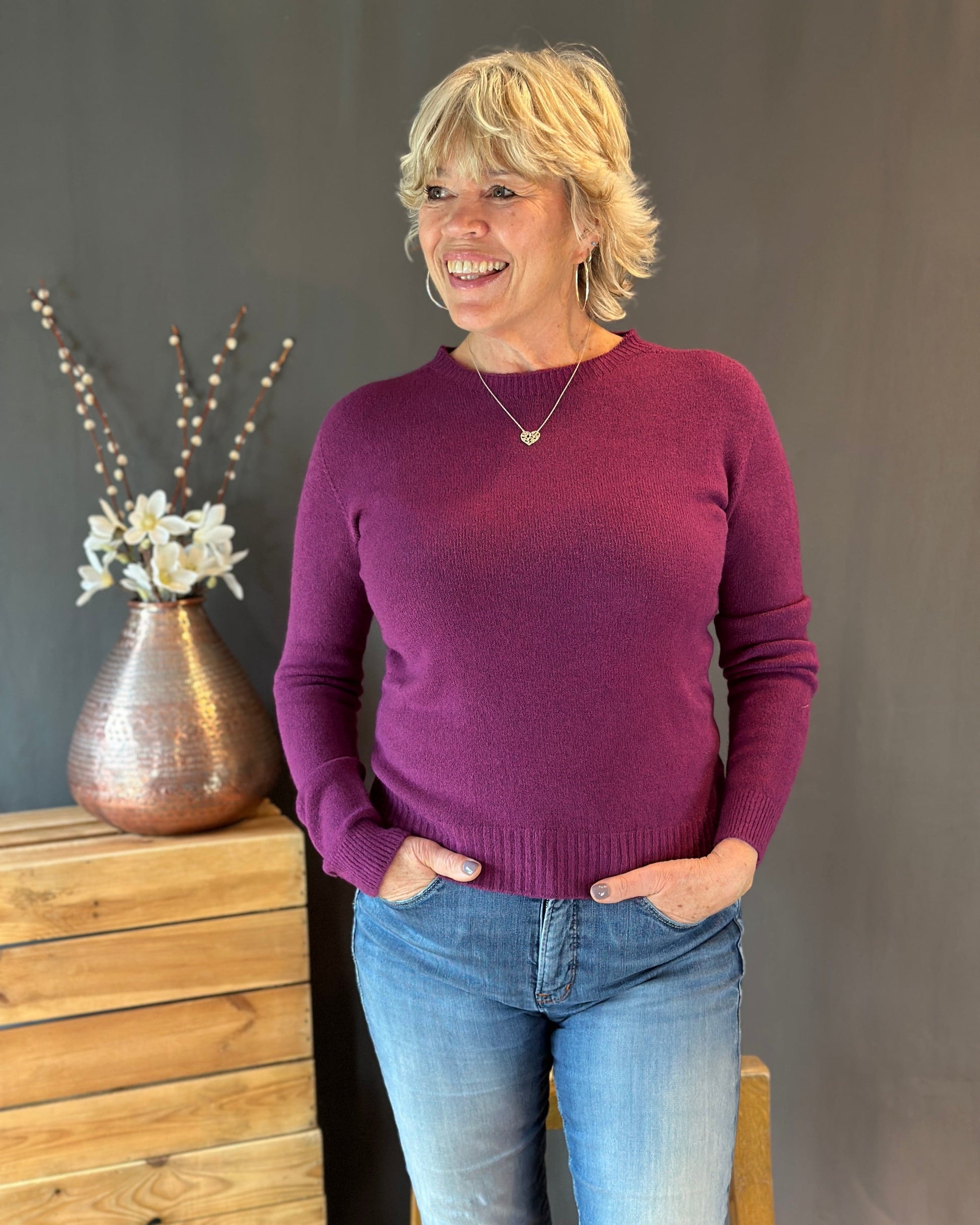 clothing Round Neck Long Sleeve Fitted Jumper - Wine