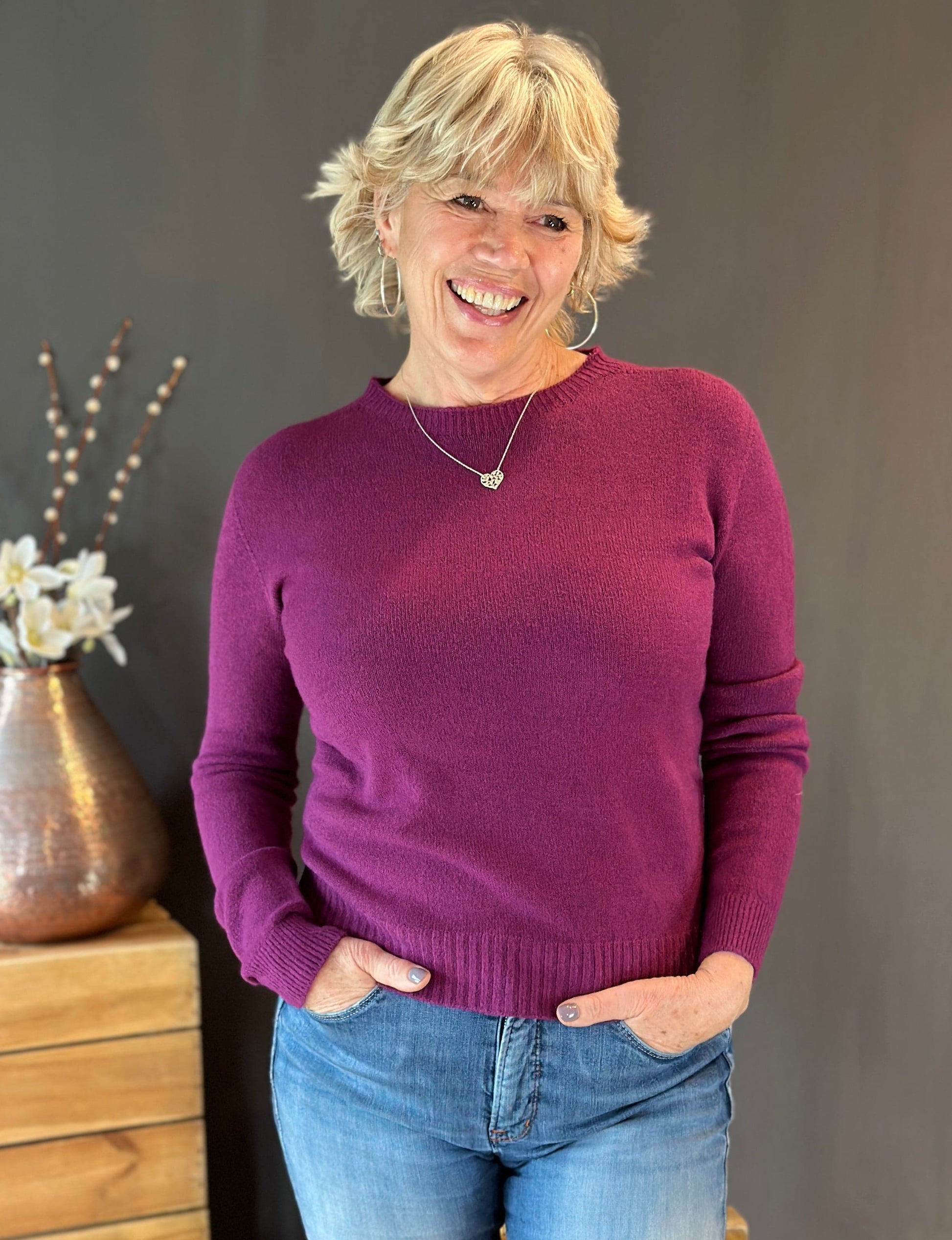 clothing Round Neck Long Sleeve Fitted Jumper - Wine