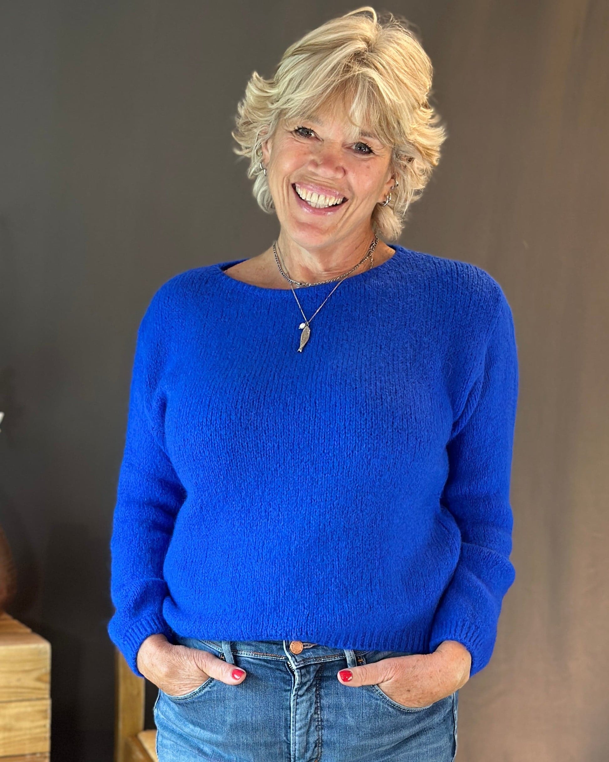 clothing Round Neck Long Sleeve Mohair Jumper - Royal Blue