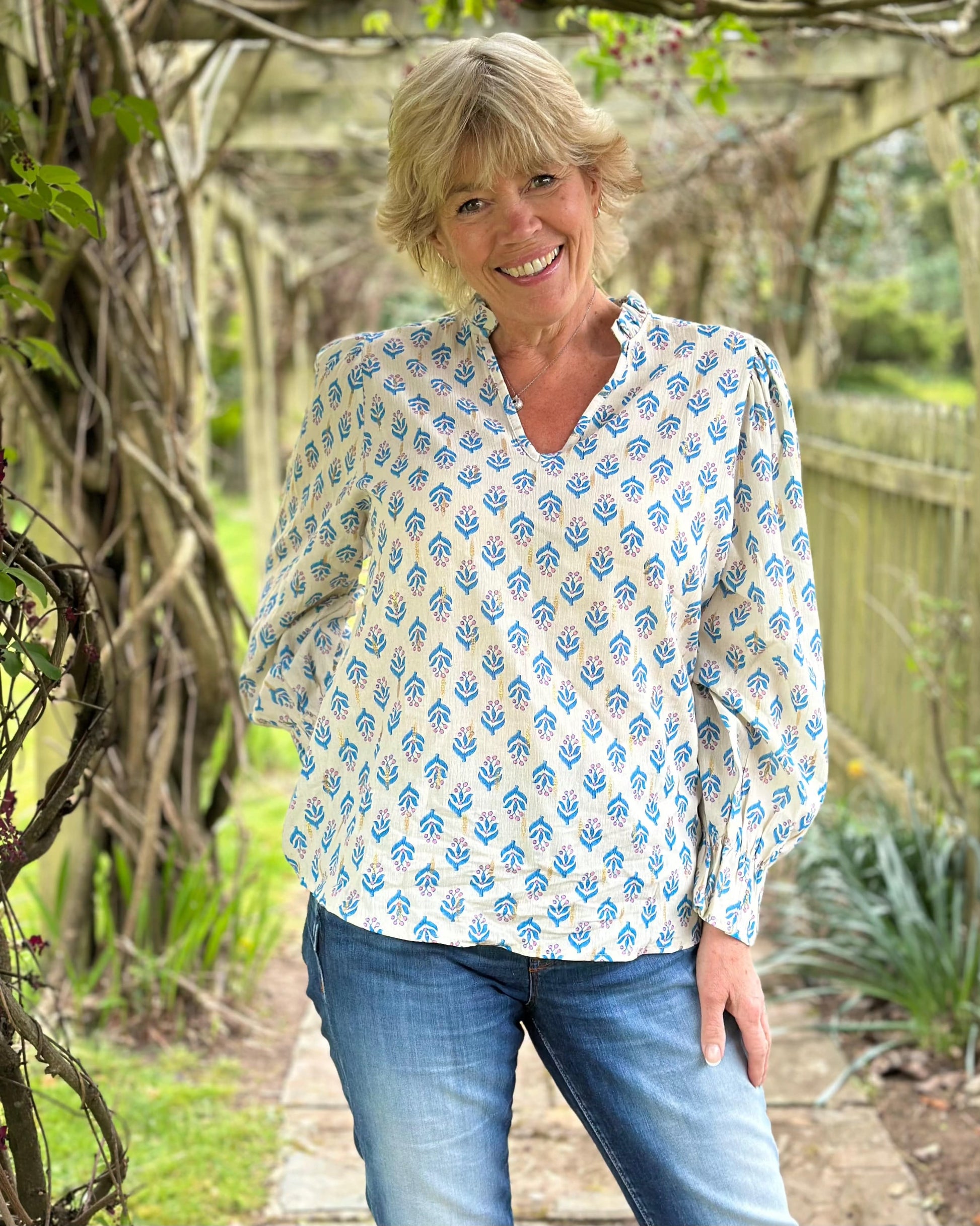 clothing Scarlett Print Cotton Blouse - Blue