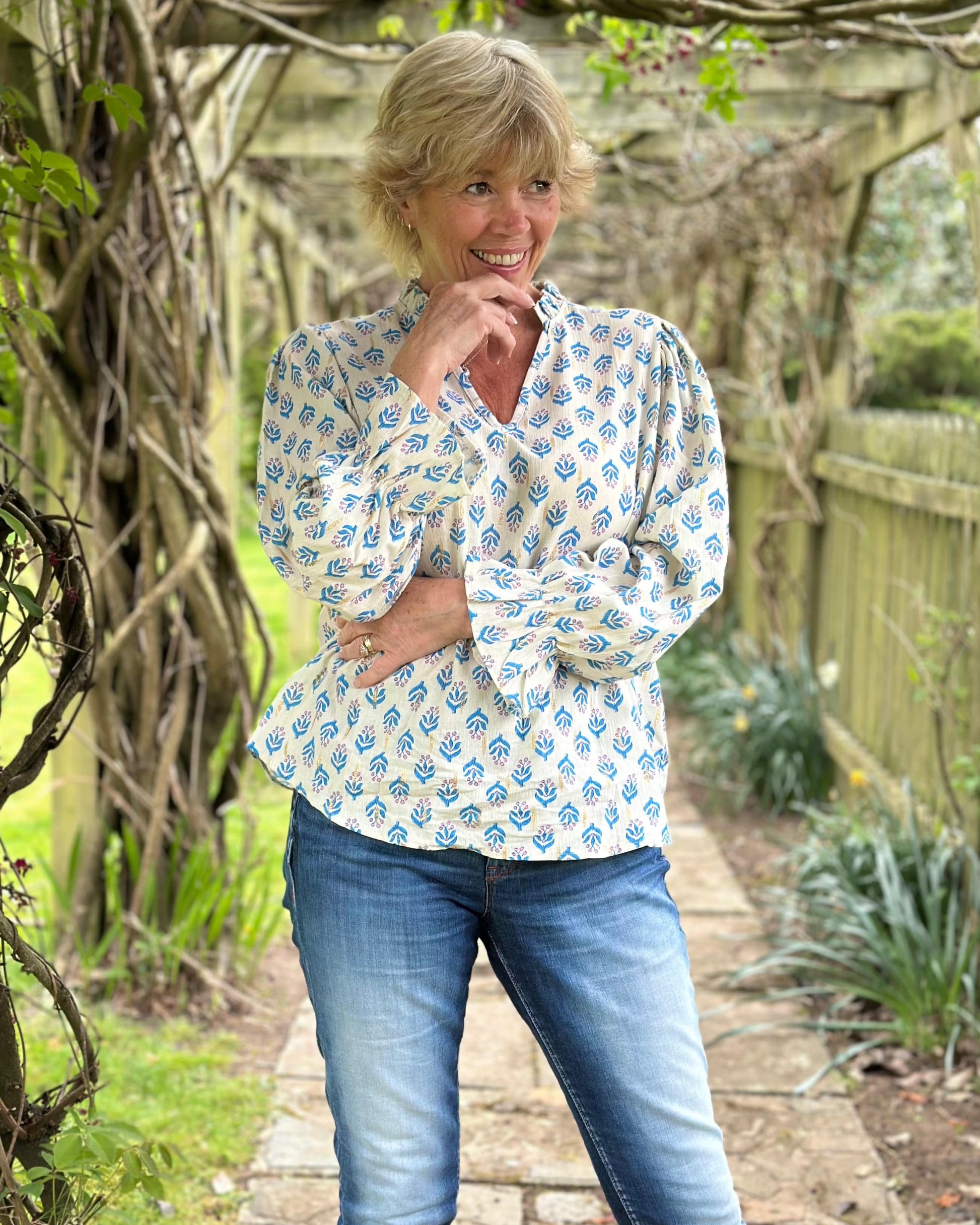 clothing Scarlett Print Cotton Blouse - Blue