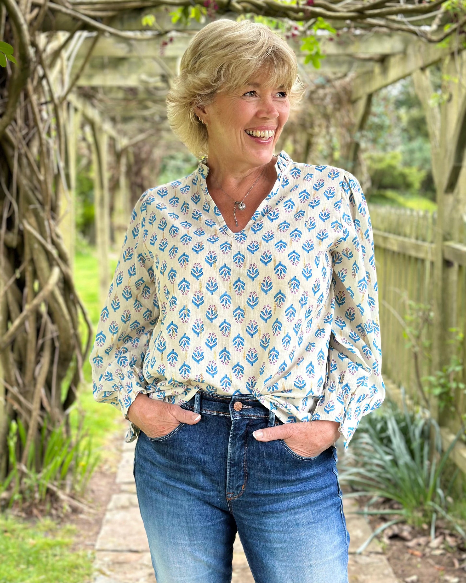 clothing Scarlett Print Cotton Blouse - Blue