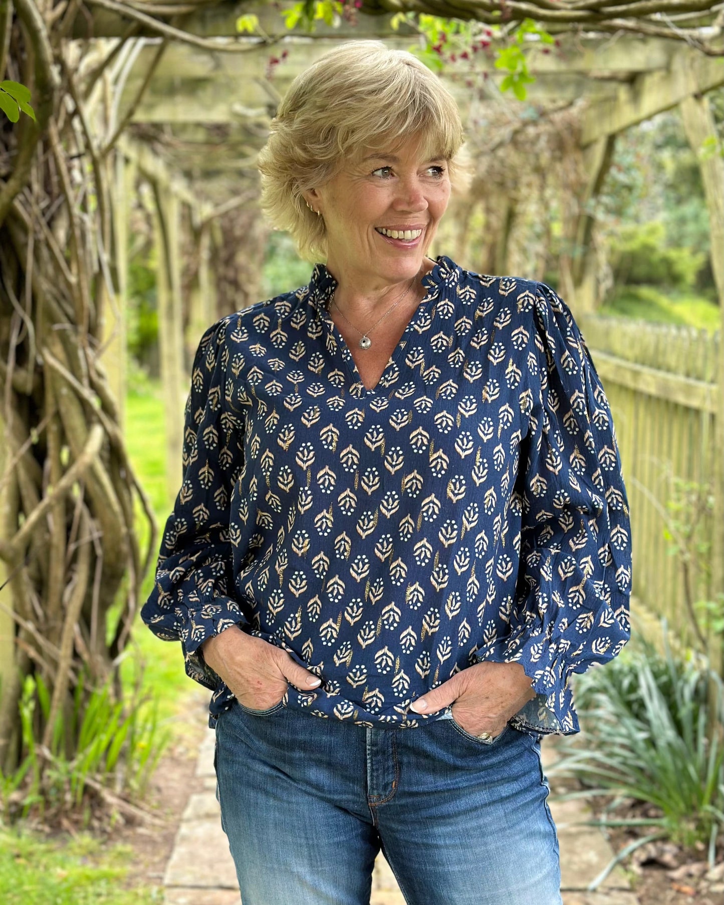clothing Scarlett Print Cotton Blouse - Navy