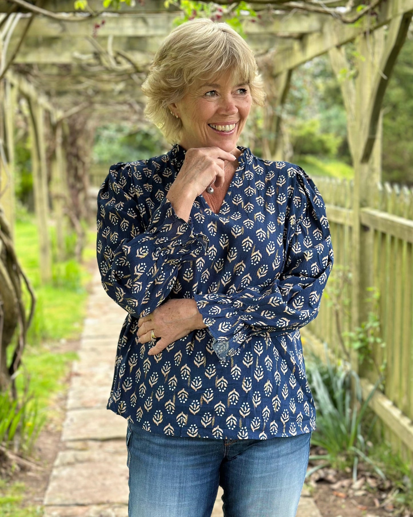 clothing Scarlett Print Cotton Blouse - Navy