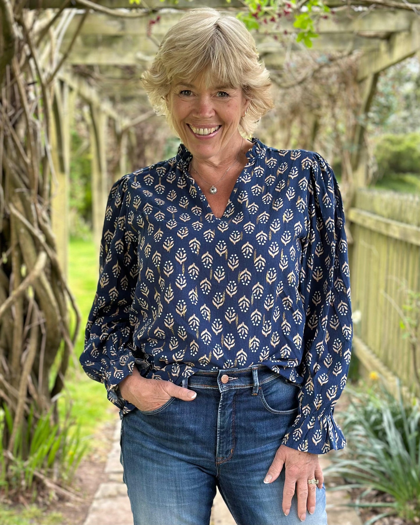 clothing Scarlett Print Cotton Blouse - Navy