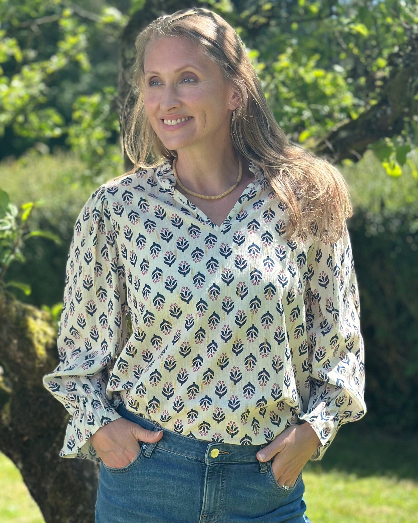 clothing Scarlett Print Cotton Blouse - Navy