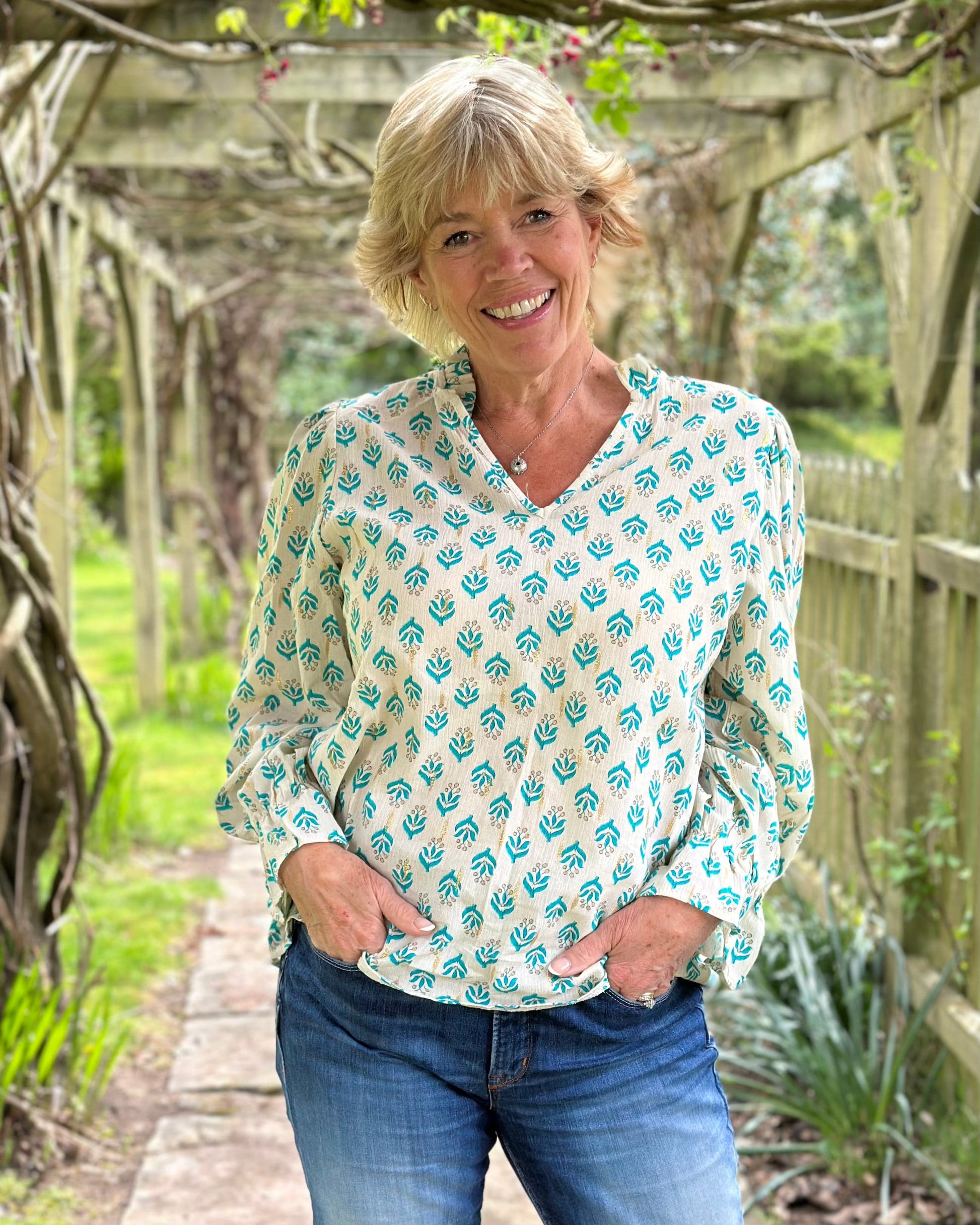 clothing Scarlett Print Cotton Blouse - Turquiose