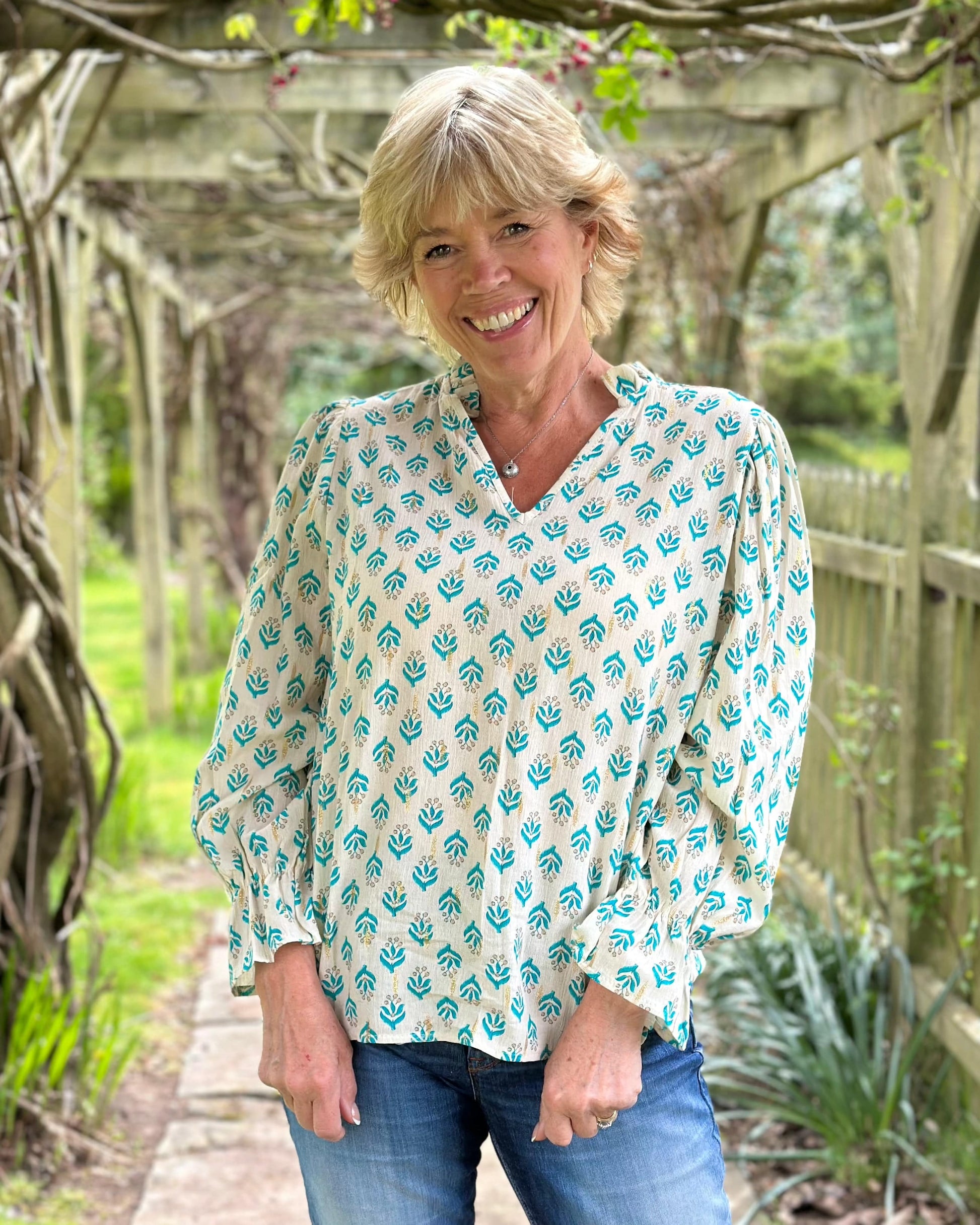 clothing Scarlett Print Cotton Blouse - Turquiose
