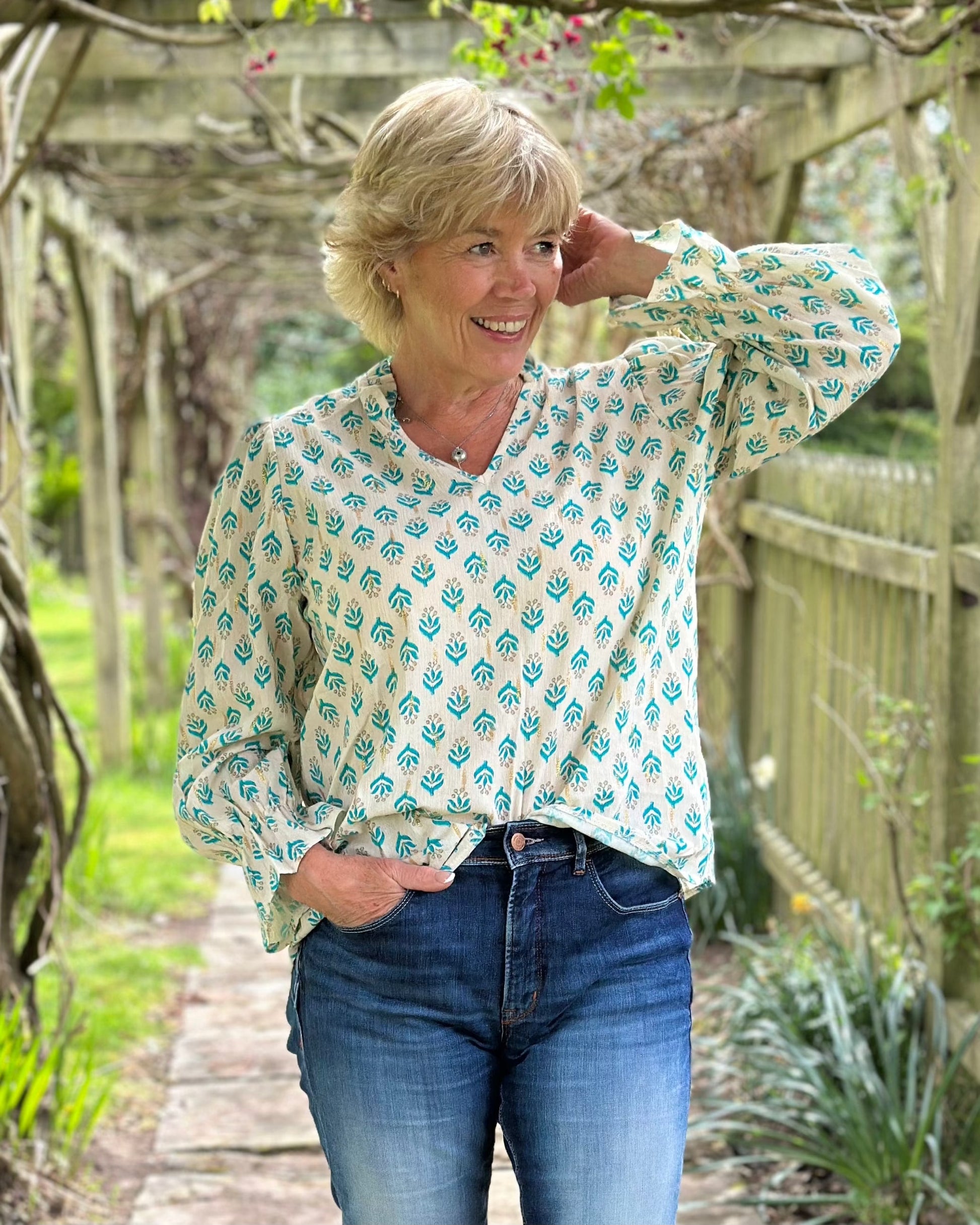 clothing Scarlett Print Cotton Blouse - Turquiose