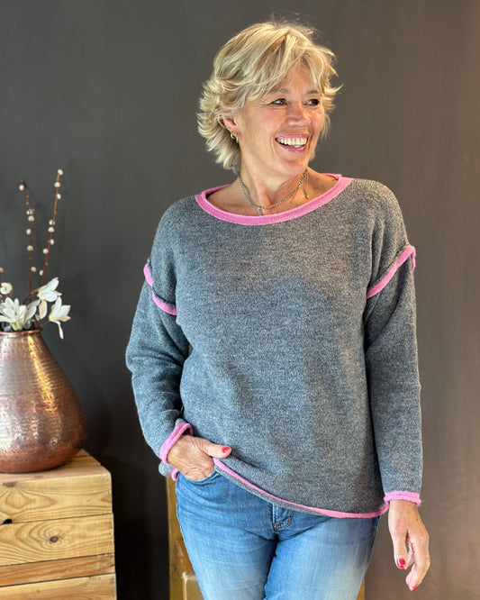 Clothing Seam Detail Wool Mix Jumper - Grey/Pink