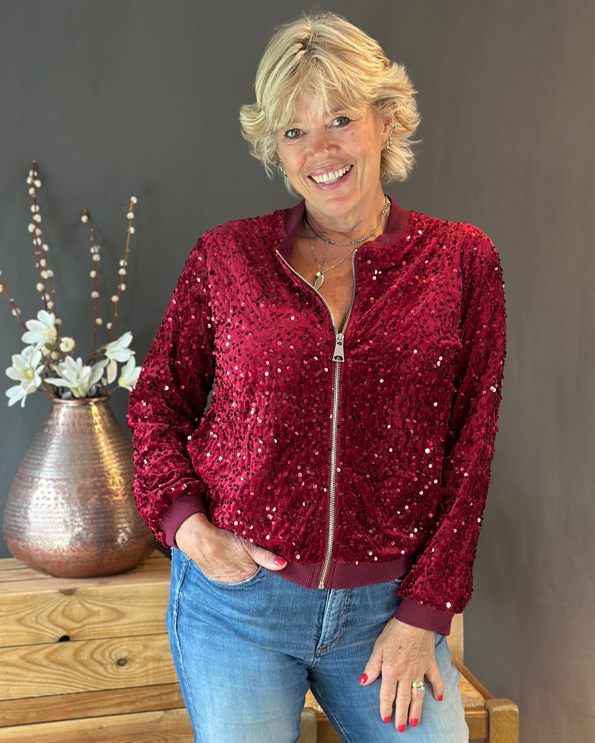 Clothing Sequin Bomber Jacket - Wine