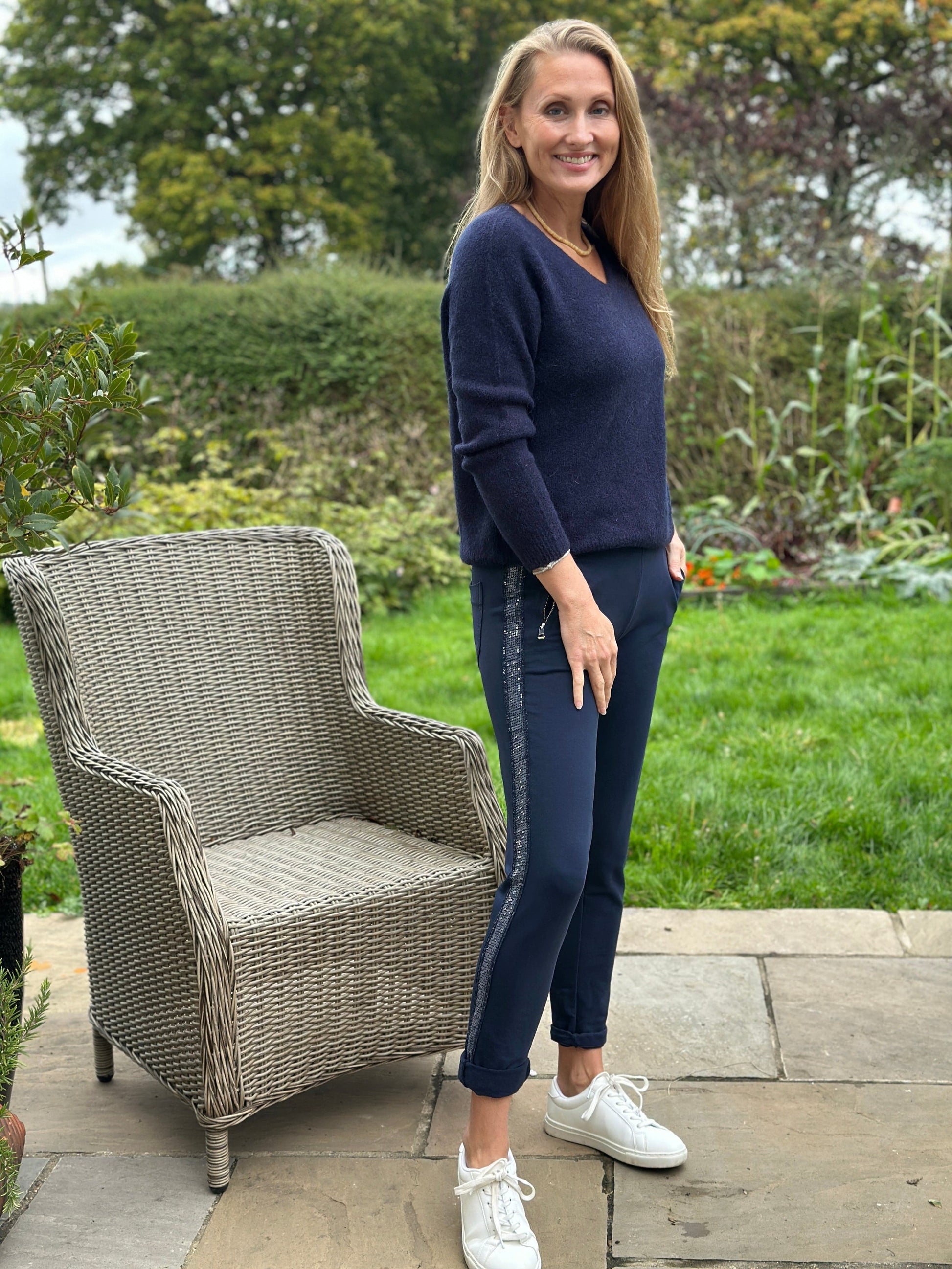 Clothing Sequin Stripe Cotton Joggers - Navy