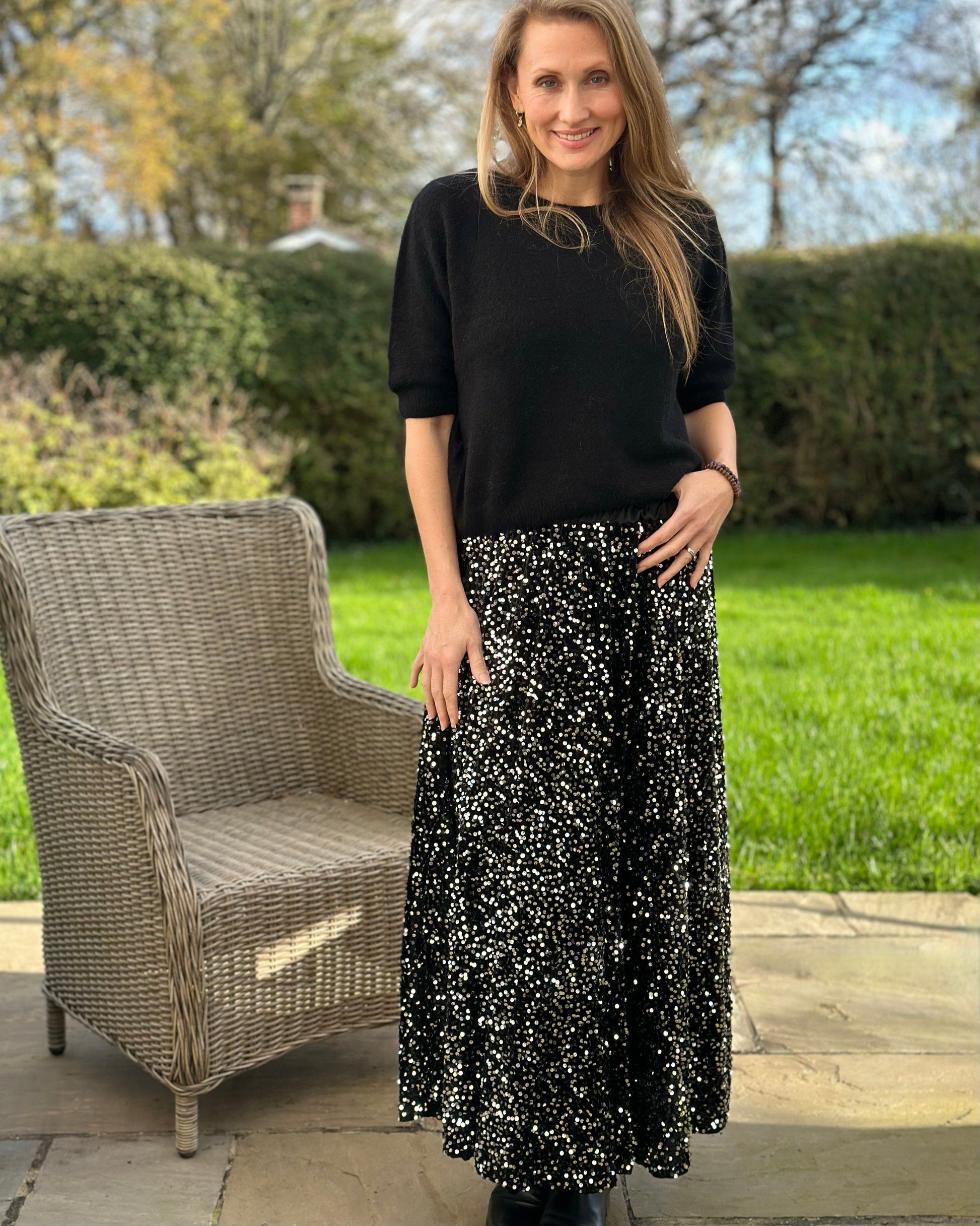 Clothing Sequin & Velvet Skirt - Black/Silver