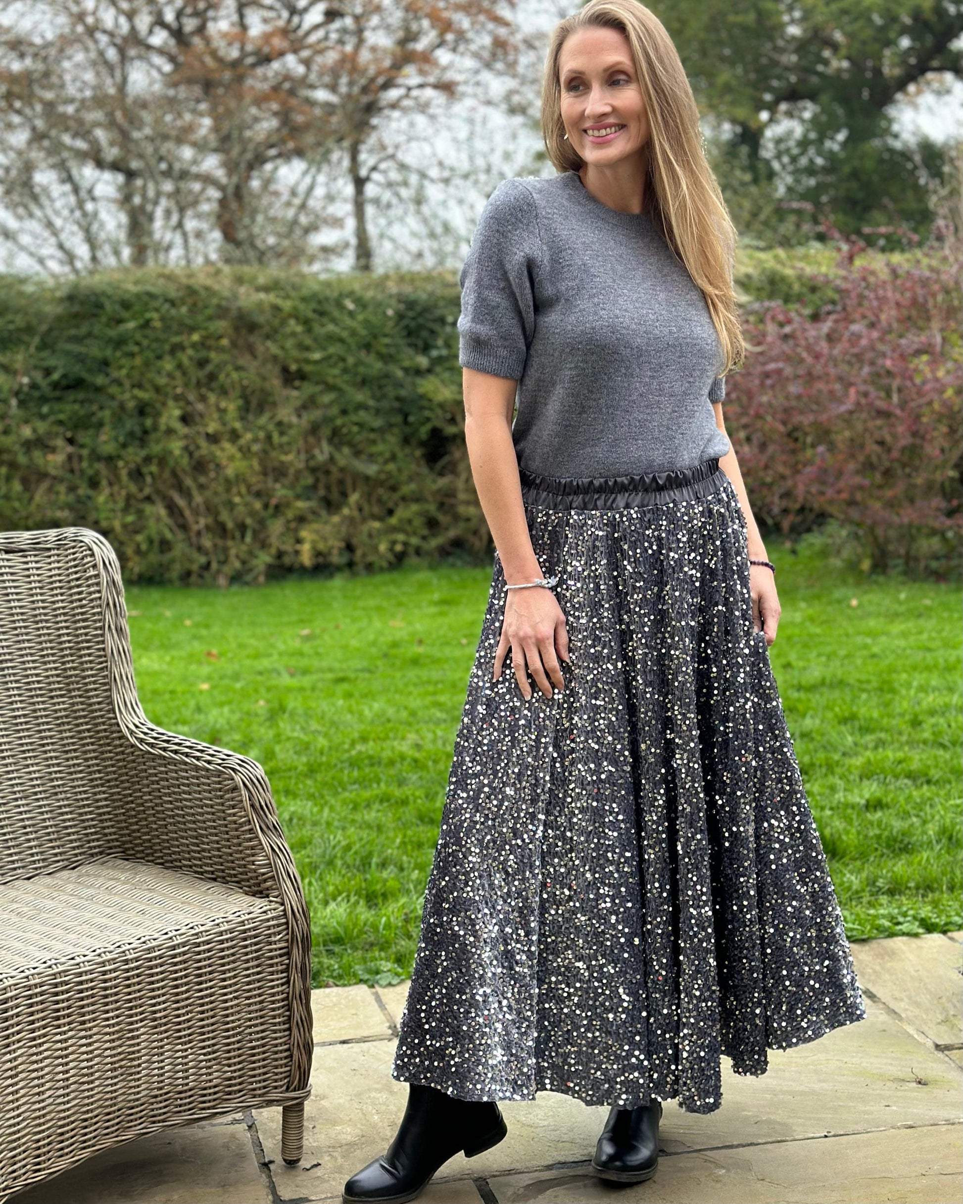 Clothing Sequin & Velvet Skirt - Grey