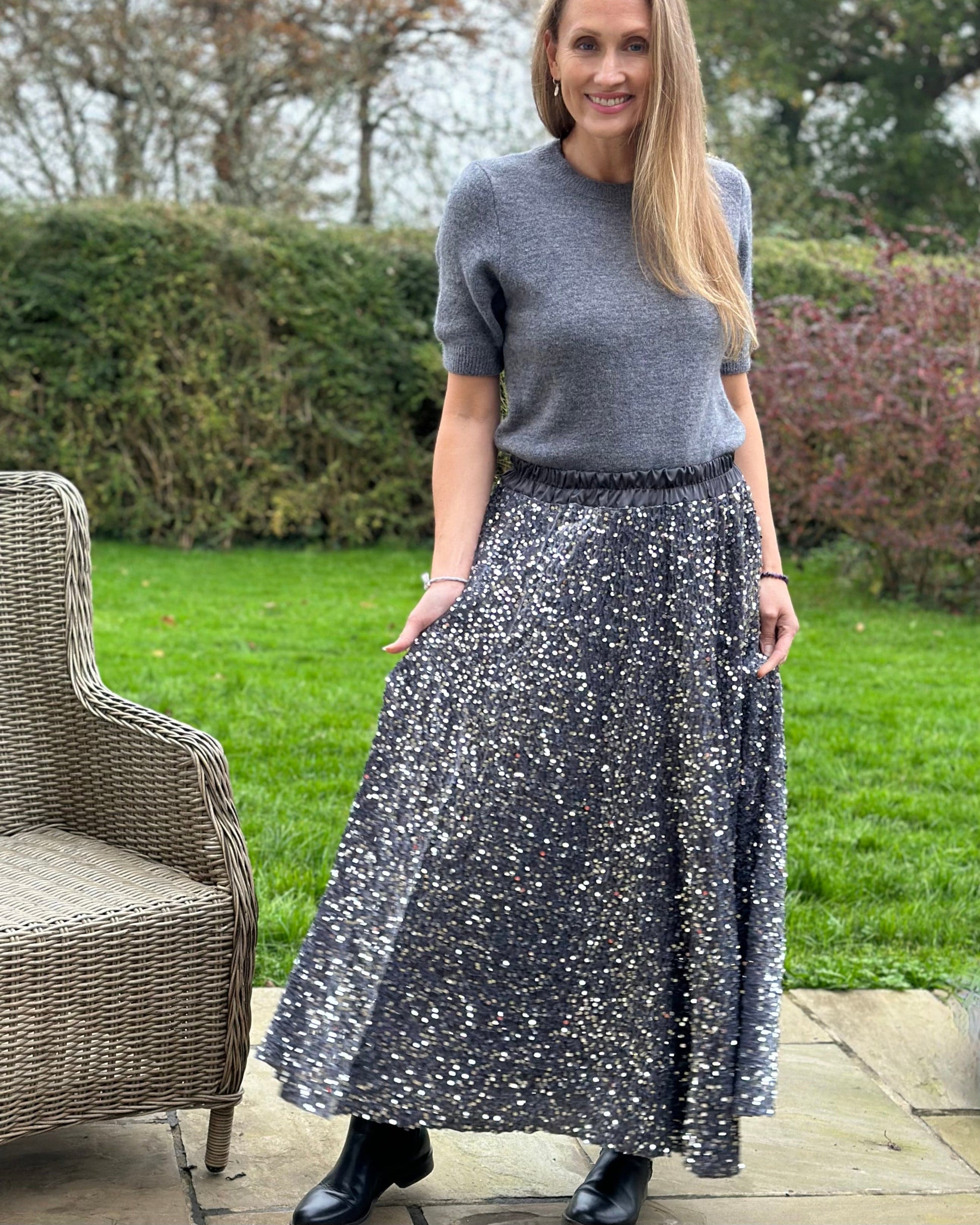 Clothing Sequin & Velvet Skirt - Grey
