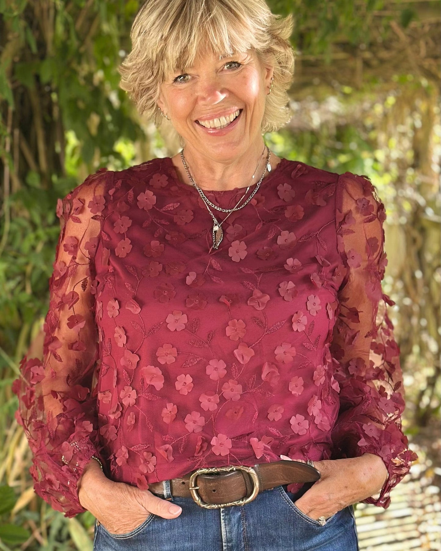 Clothing Sheer Sleeve Applique Flower Top - Burgundy