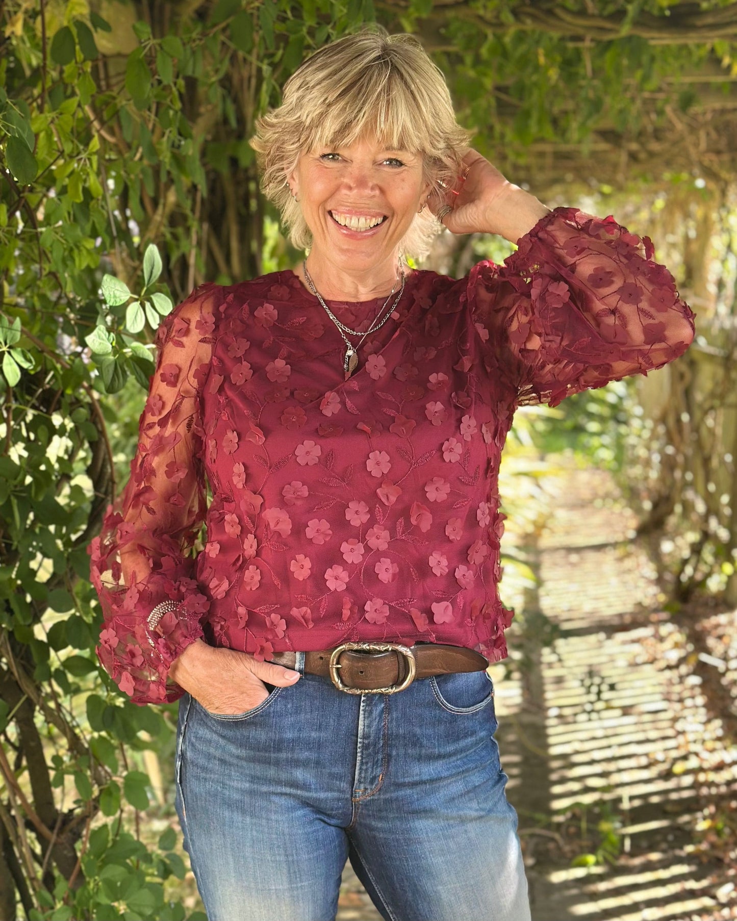 Clothing Sheer Sleeve Applique Flower Top - Burgundy