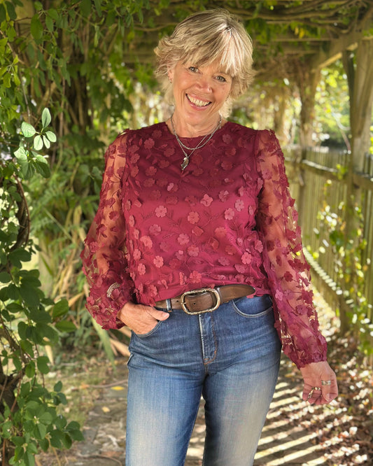 Clothing Sheer Sleeve Applique Flower Top - Burgundy