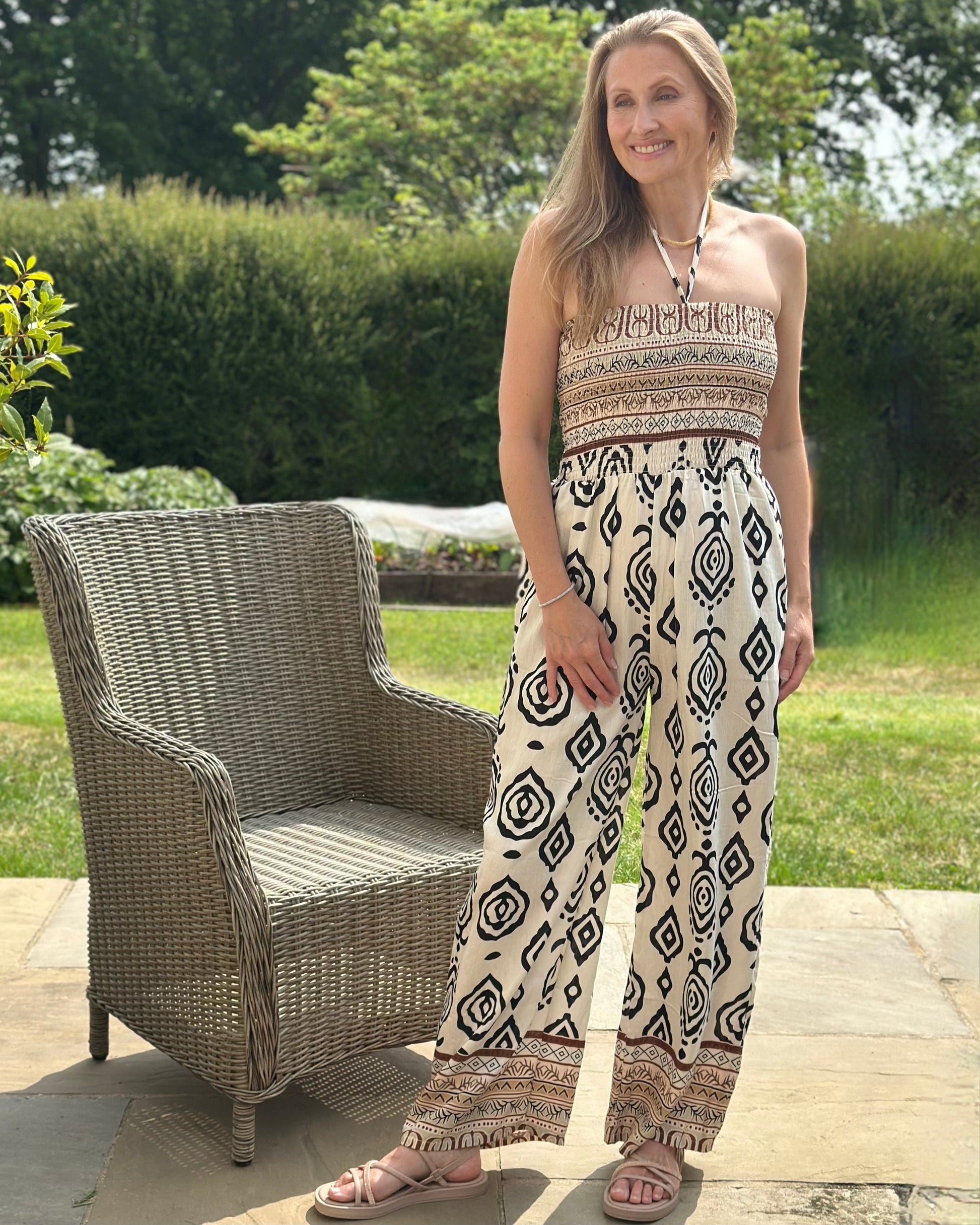 clothing Shirred Bodice Bandeau Print Jumpsuit - Black/Cream/Chocolate