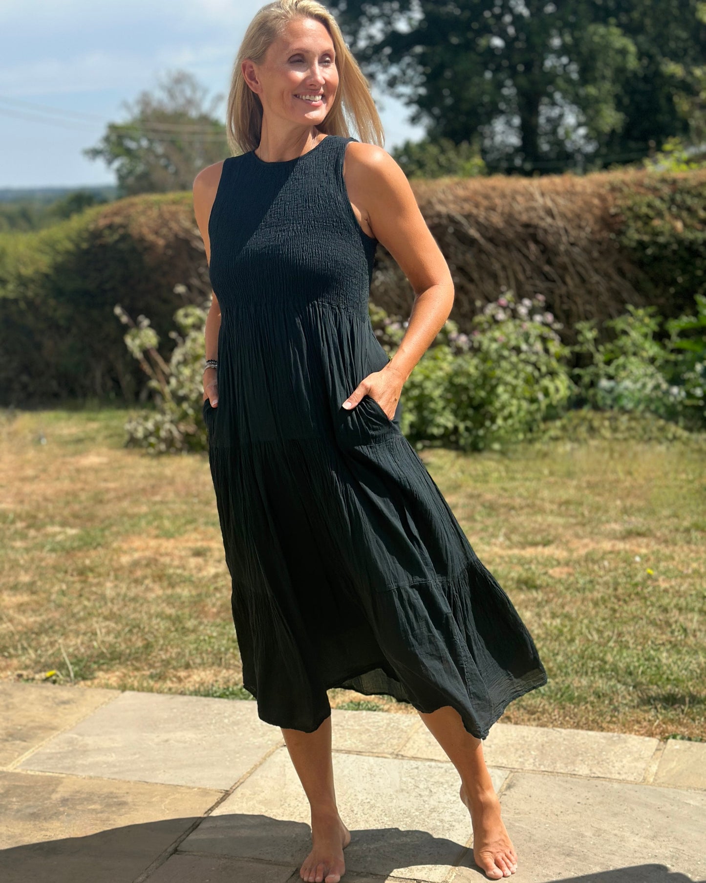 Clothing Shirred Bodice Cotton Dress - Black