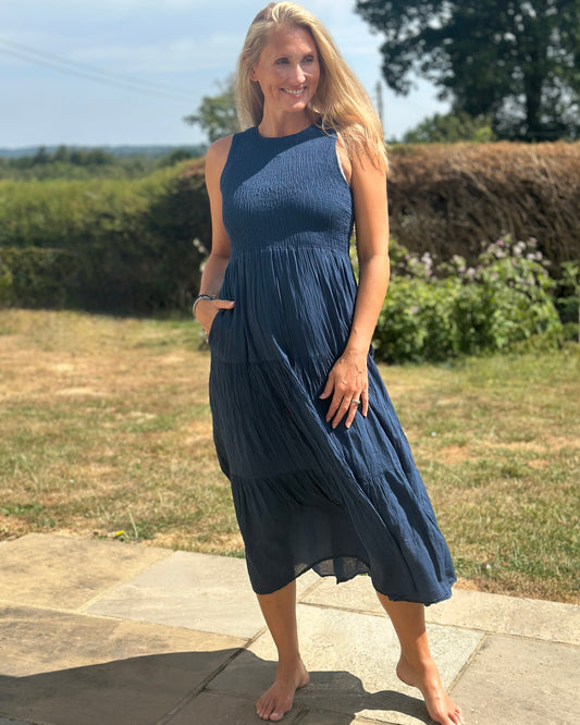 Clothing Shirred Bodice Cotton Dress - Navy