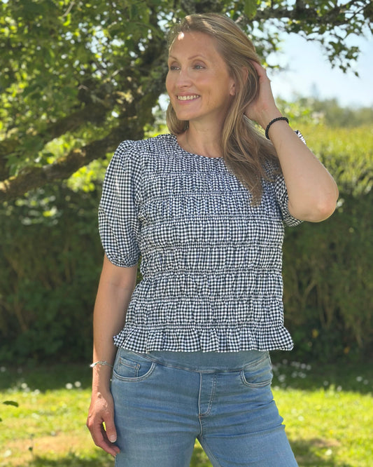 Clothing Shirred Bodice Gingham Top - Black/White