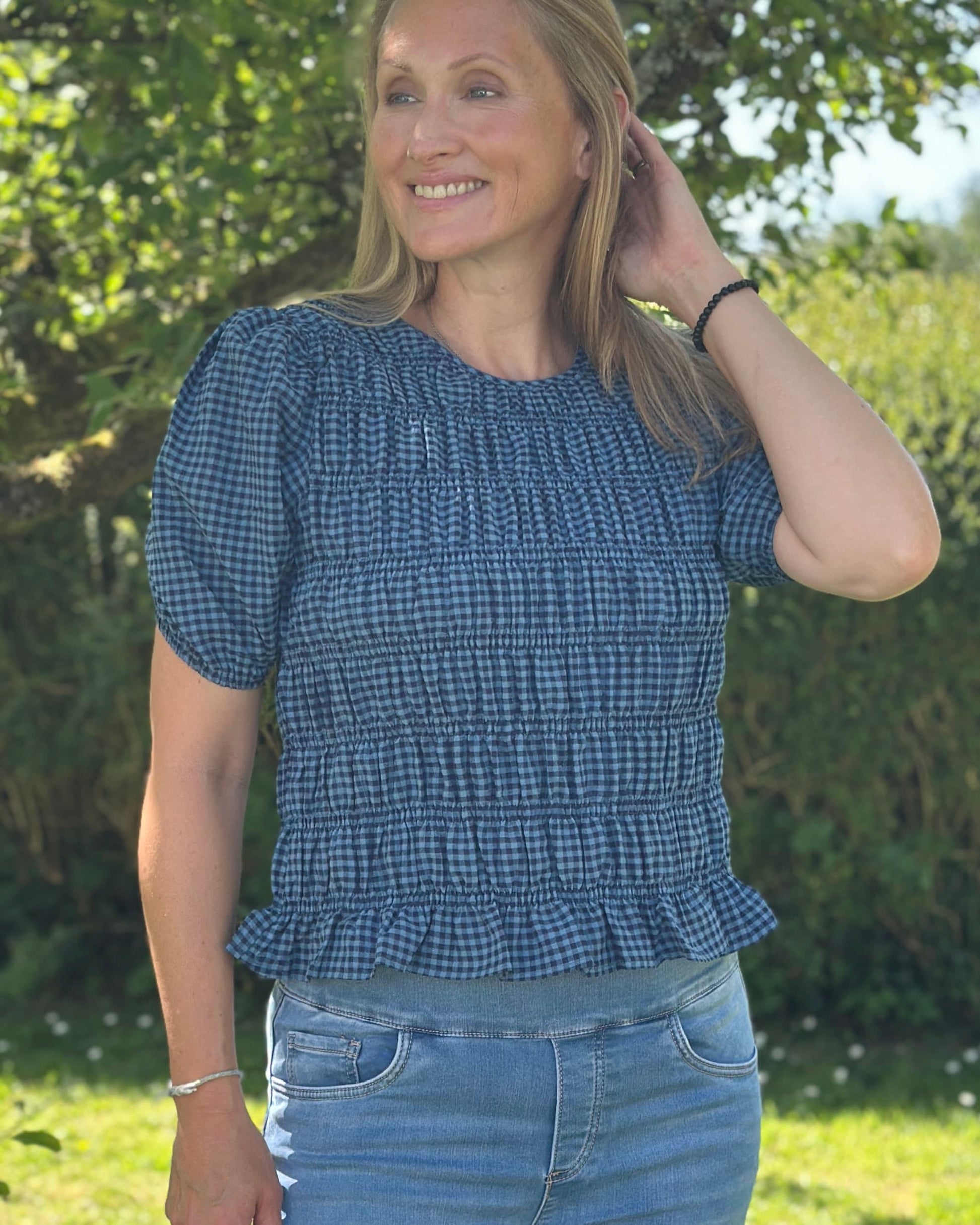 Clothing Shirred Bodice Gingham Top - Navy/Denim