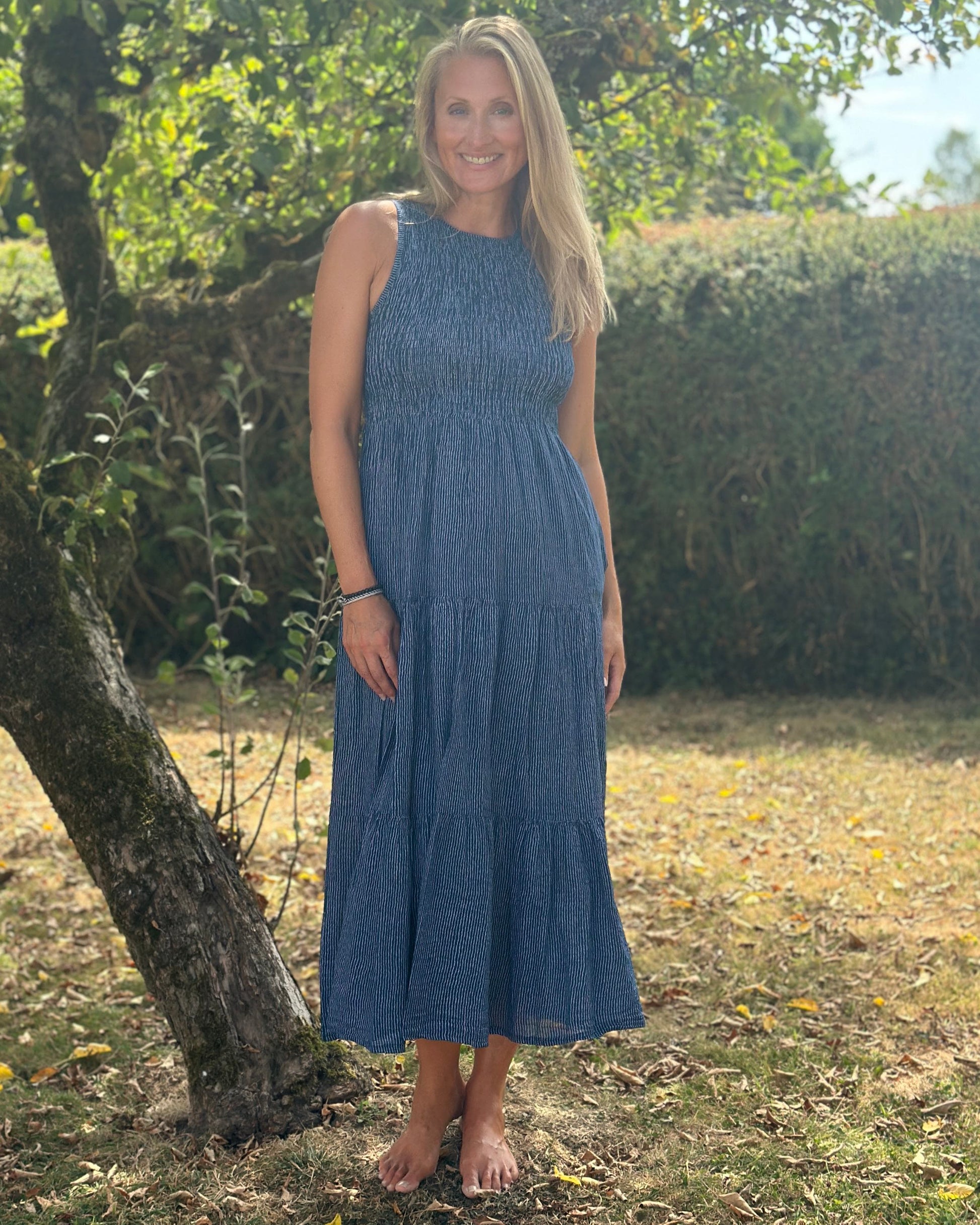 Clothing Shirred Bodice Striped Cotton Dress - Navy