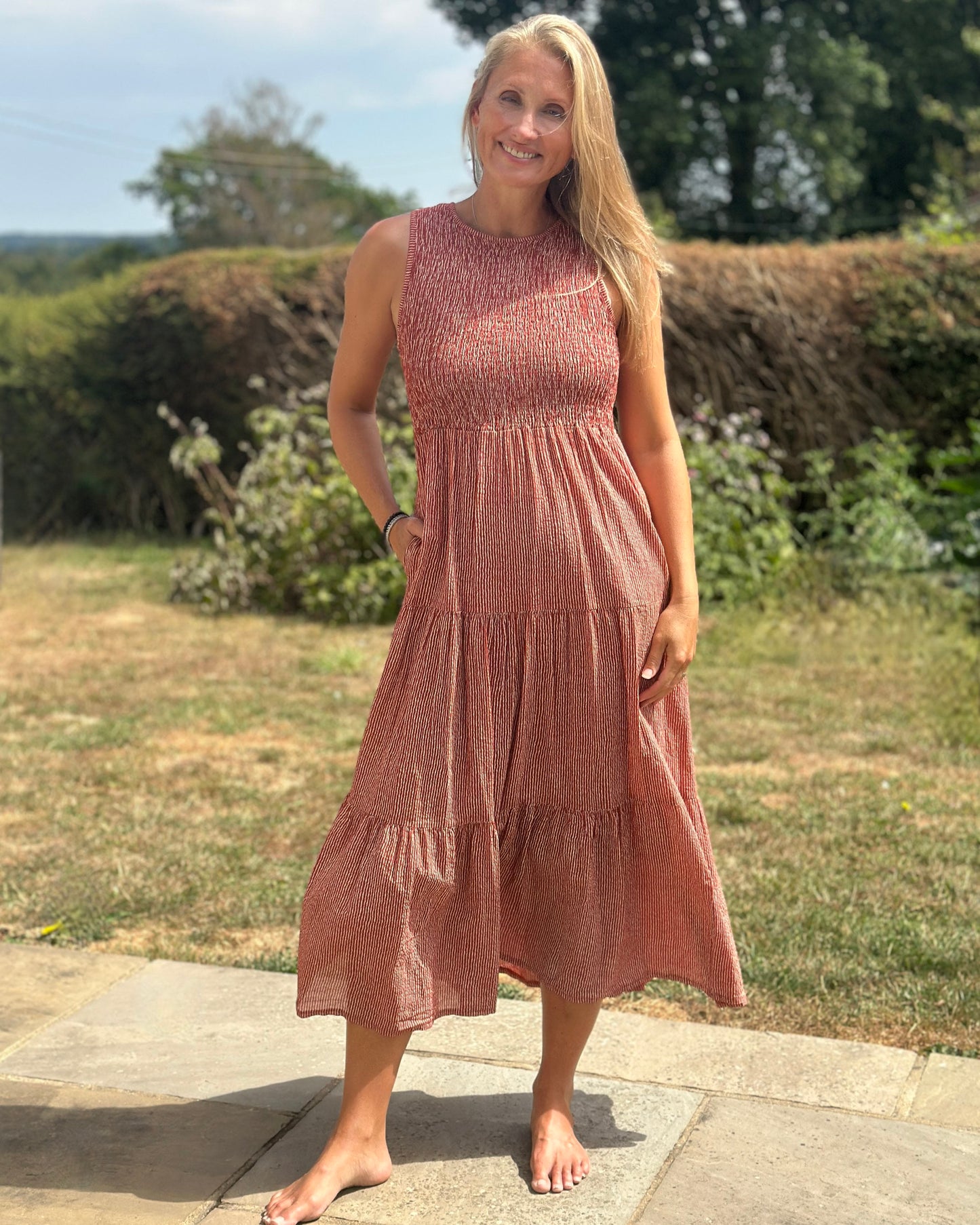 Clothing Shirred Bodice Striped Cotton Dress - Rust