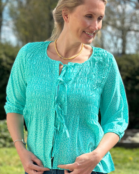 Clothing Shirred Body Tie Front Blouse - Turquoise Leopard Print