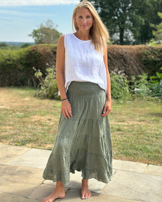 Clothing Shirred Waist Linen Skirt - Khaki
