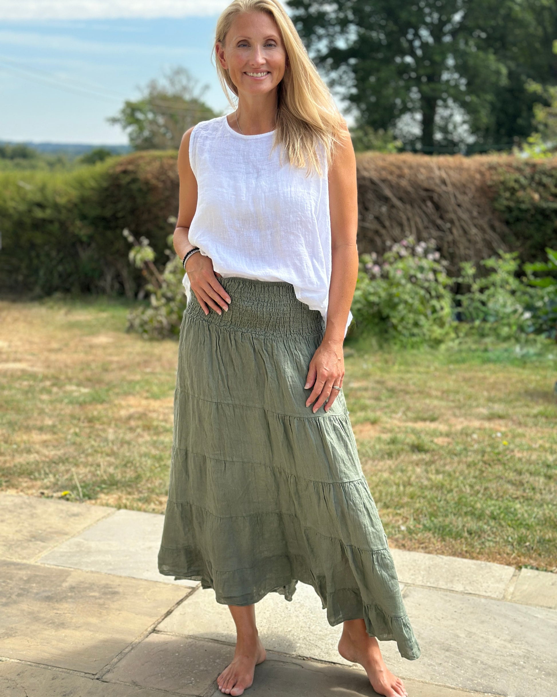 Clothing Shirred Waist Linen Skirt - Khaki