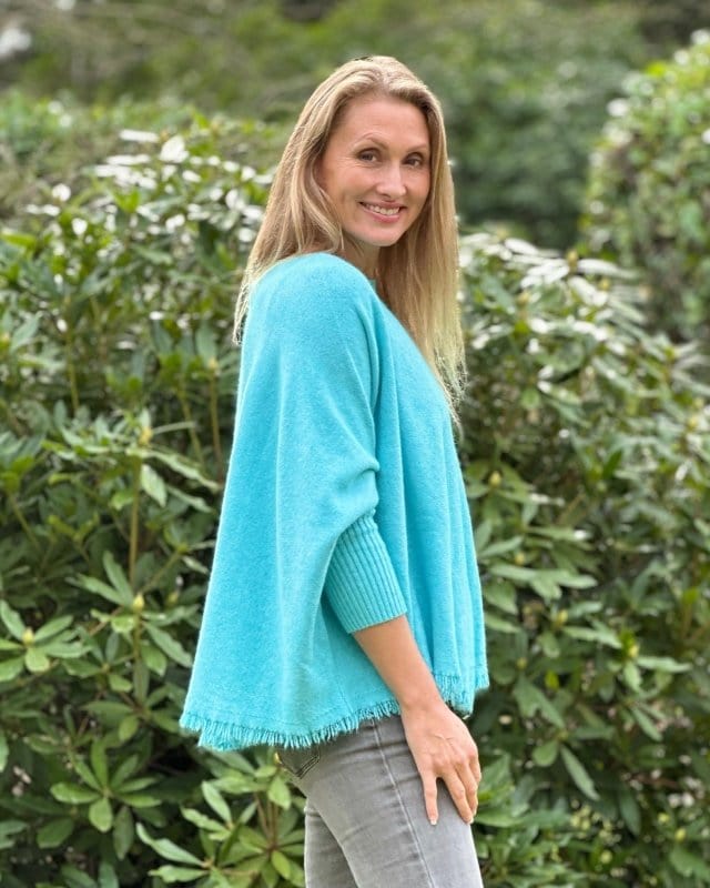 clothing Slash Neck Fringed Poncho Jumper - Berilli Blue