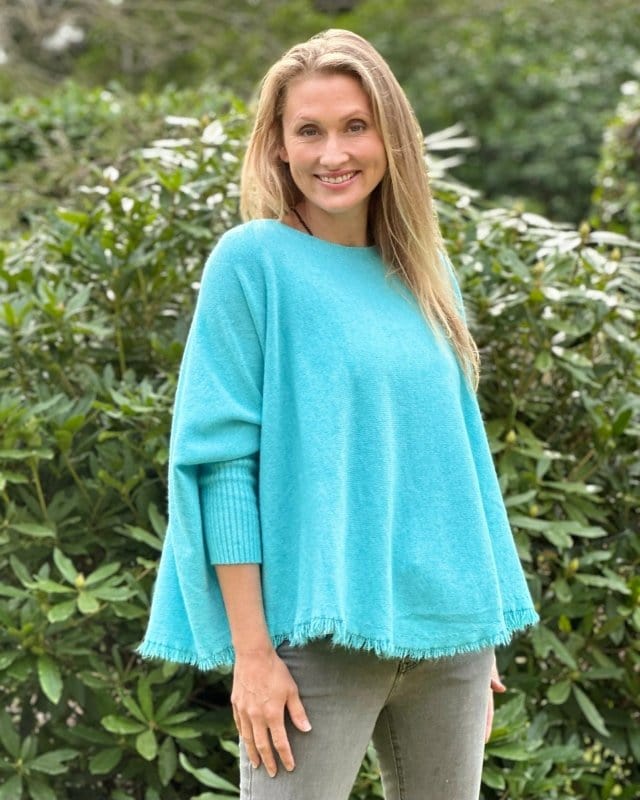 clothing Slash Neck Fringed Poncho Jumper - Berilli Blue